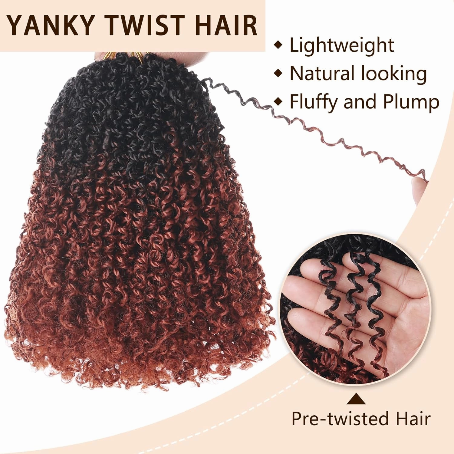 COOKOO 10 Inch Pre-looped Yanky Twist Crochet Hair 8 Packs Ombre Ginger Spring Twists Hair Senegalese Twist Crochet Hair with Curly Ends Curly Synthetic Crochet Braids Hair 1B/350#