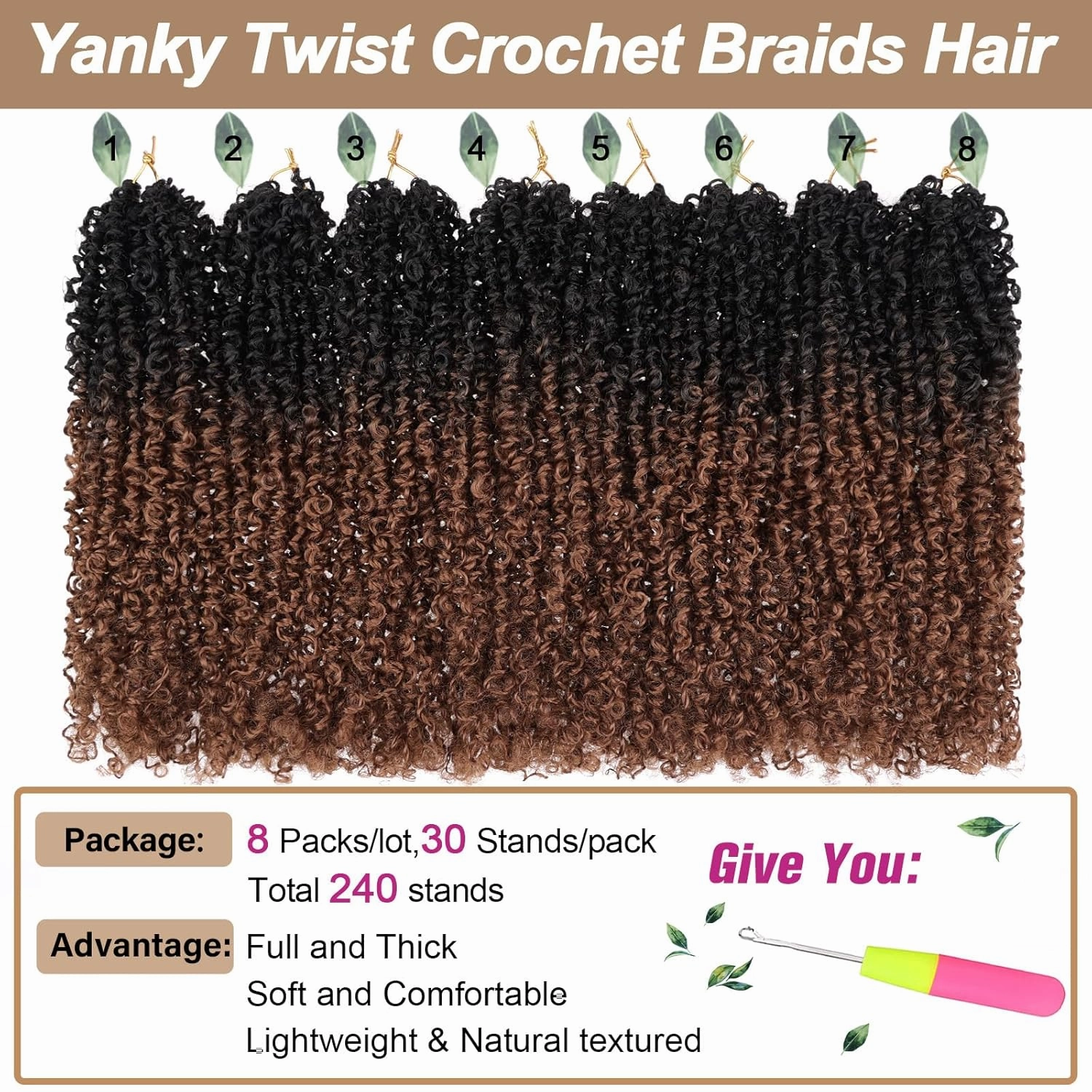 COOKOO 12 Inch 30 Strands/PCS Pre-twisted Yanky Twist Crochet Braids Hair 8 Bundles Micro Yanky Twists Crochet Hair for Women Pre-looped Spring Twists Braiding Hair with Culy Ends 1B/30#