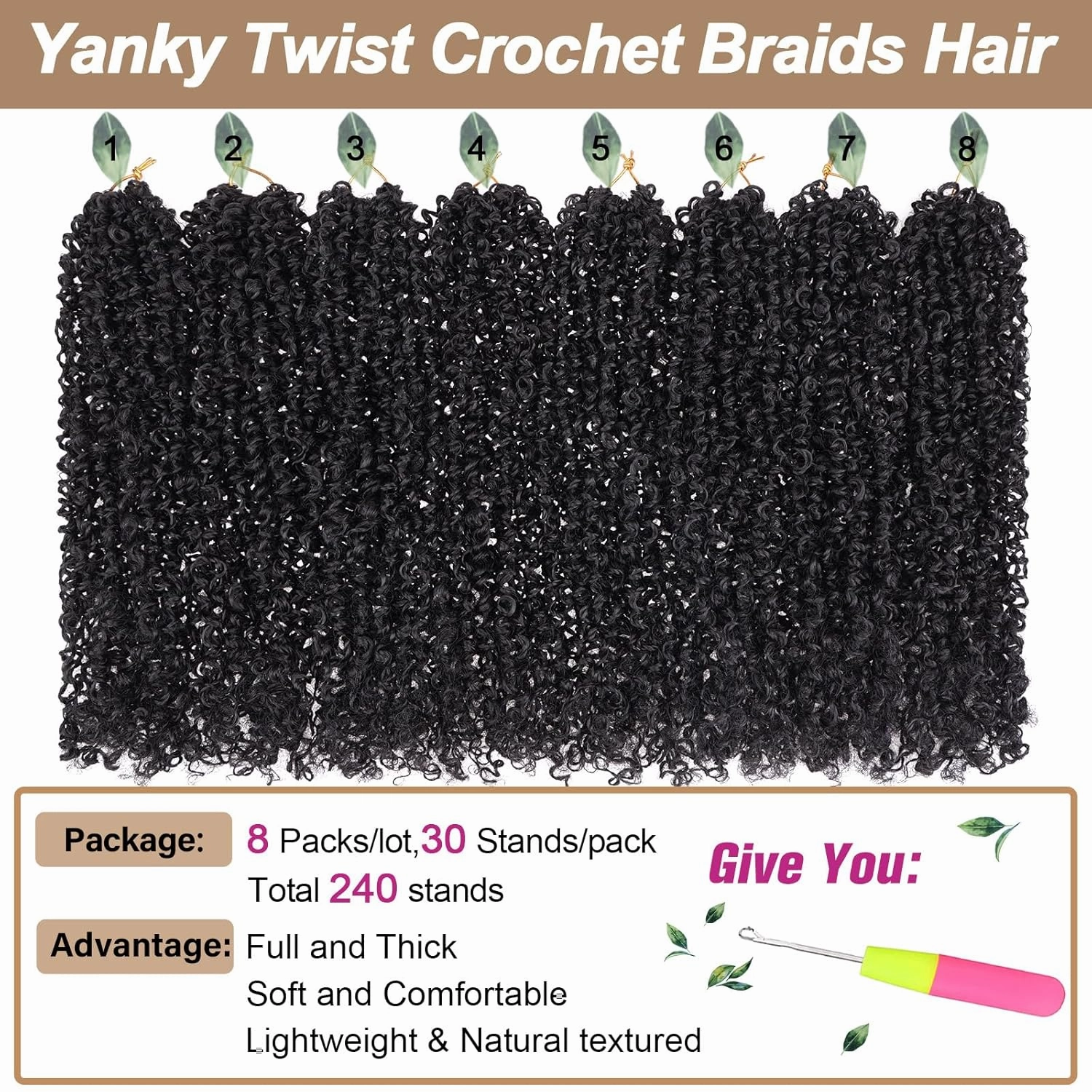 COOKOO 12 Inch 8 Bundles/Lot Pre Twisted Yanky Twist Crochet Hair with Curls Natural Black Pre Looped Yanky Twist Hair Synthetic Spring Twist Crochet Hair for Women 1B#