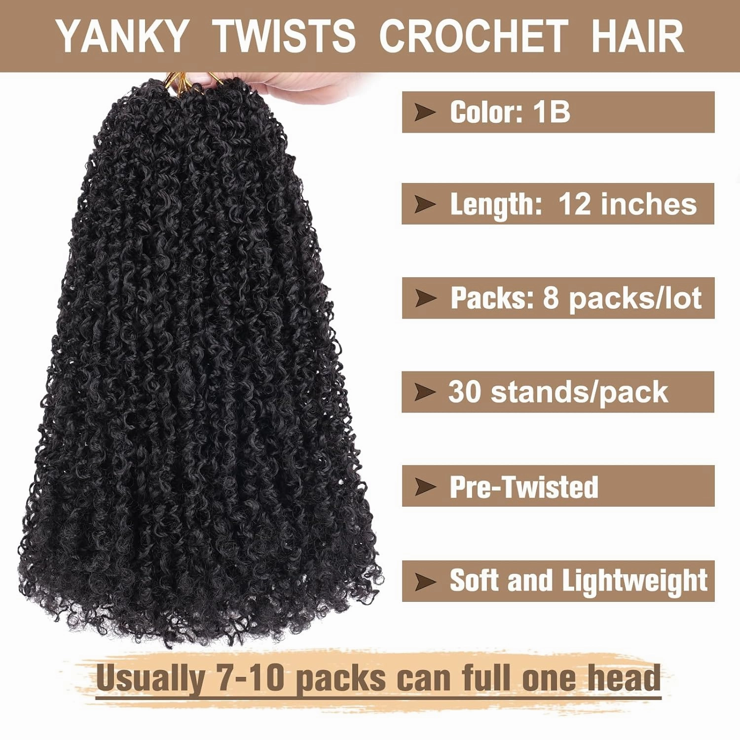 COOKOO 12 Inch 8 Bundles/Lot Pre Twisted Yanky Twist Crochet Hair with Curls Natural Black Pre Looped Yanky Twist Hair Synthetic Spring Twist Crochet Hair for Women 1B#