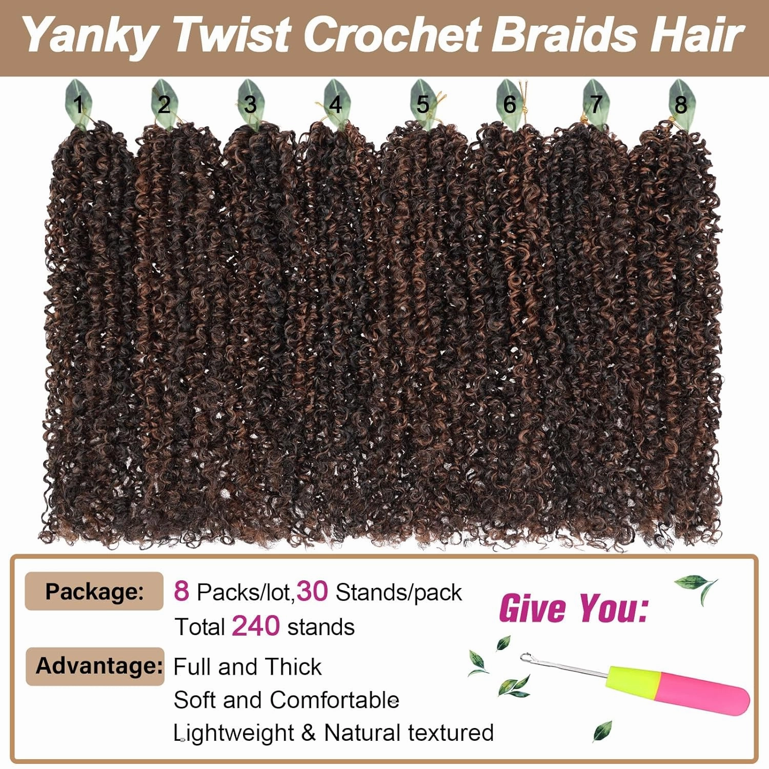 COOKOO 12 Inch 8 Packs Pre-Looped Yanky Twist Crochet Hair with Mini Curly Ends Mix 2 Tones Micro Yanky Twist Passion Twist Crochet Hair Pre twisted Spring Twist Crochet Hair for Women 1BH30#