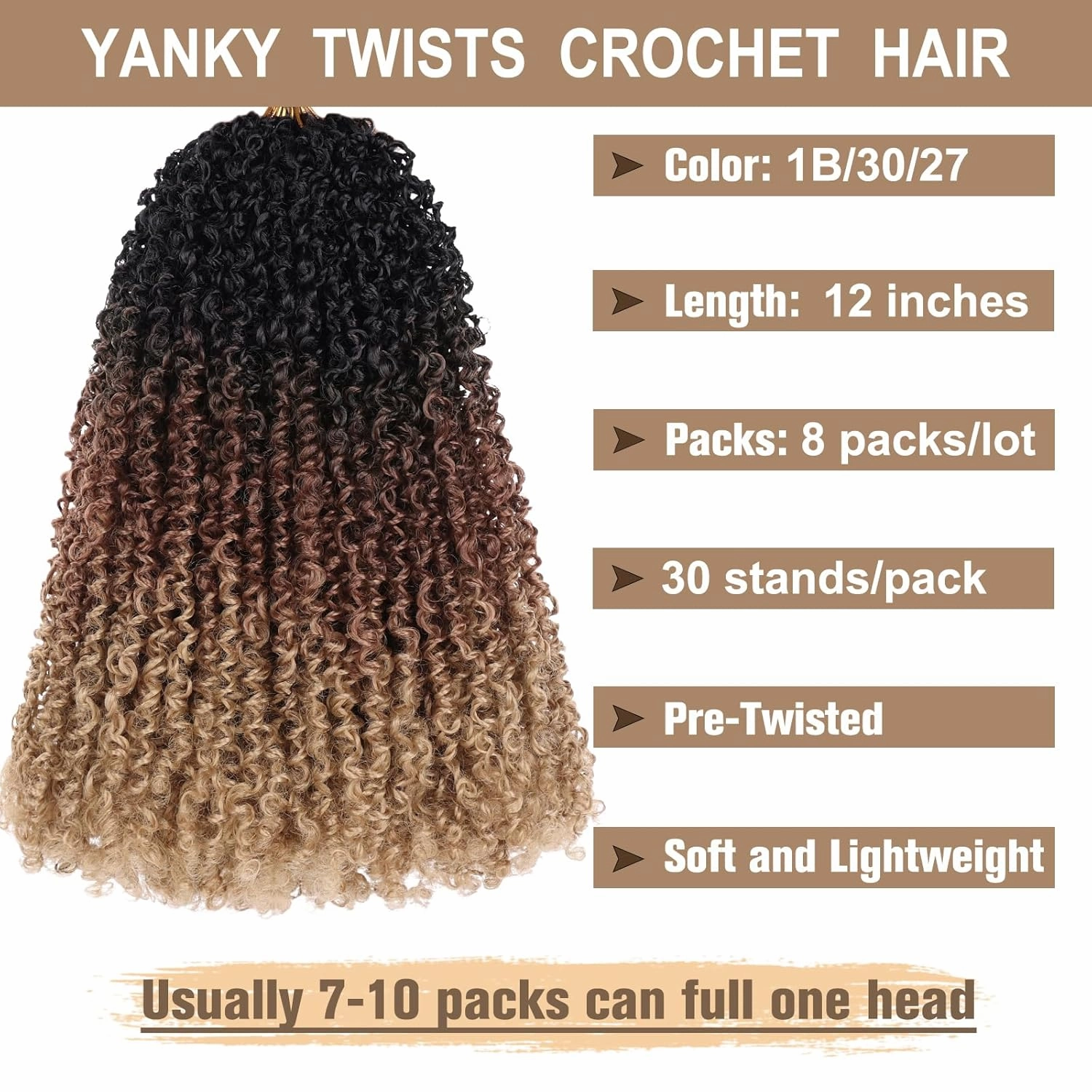 COOKOO 12 Inch 8 Pcs Boho Yanky Twist Crochet Hair with Curly Ends Ombre Brown and Blonde Bouncy Passion Twist Synthetic Braids Pre-looped Micro Spring Twist Hair Yanky Twists for Women 1B/30/27#