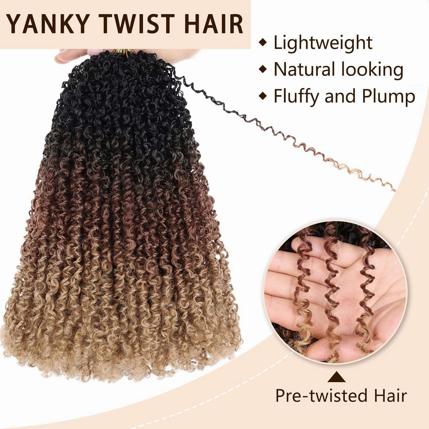COOKOO 12 Inch 8 Pcs Boho Yanky Twist Crochet Hair with Curly Ends Ombre Brown and Blonde Bouncy Passion Twist Synthetic Braids Pre-looped Micro Spring Twist Hair Yanky Twists for Women 1B/30/27#