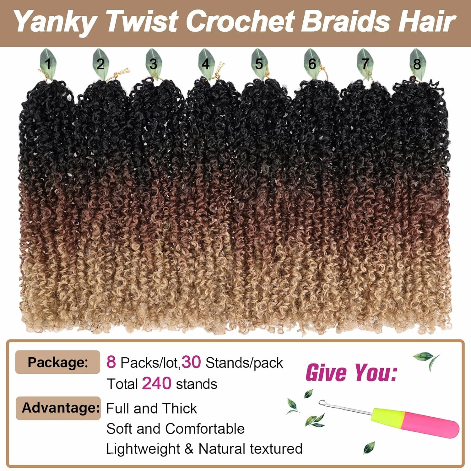 COOKOO 12 Inch 8 Pcs Boho Yanky Twist Crochet Hair with Curly Ends Ombre Brown and Blonde Bouncy Passion Twist Synthetic Braids Pre-looped Micro Spring Twist Hair Yanky Twists for Women 1B/30/27#