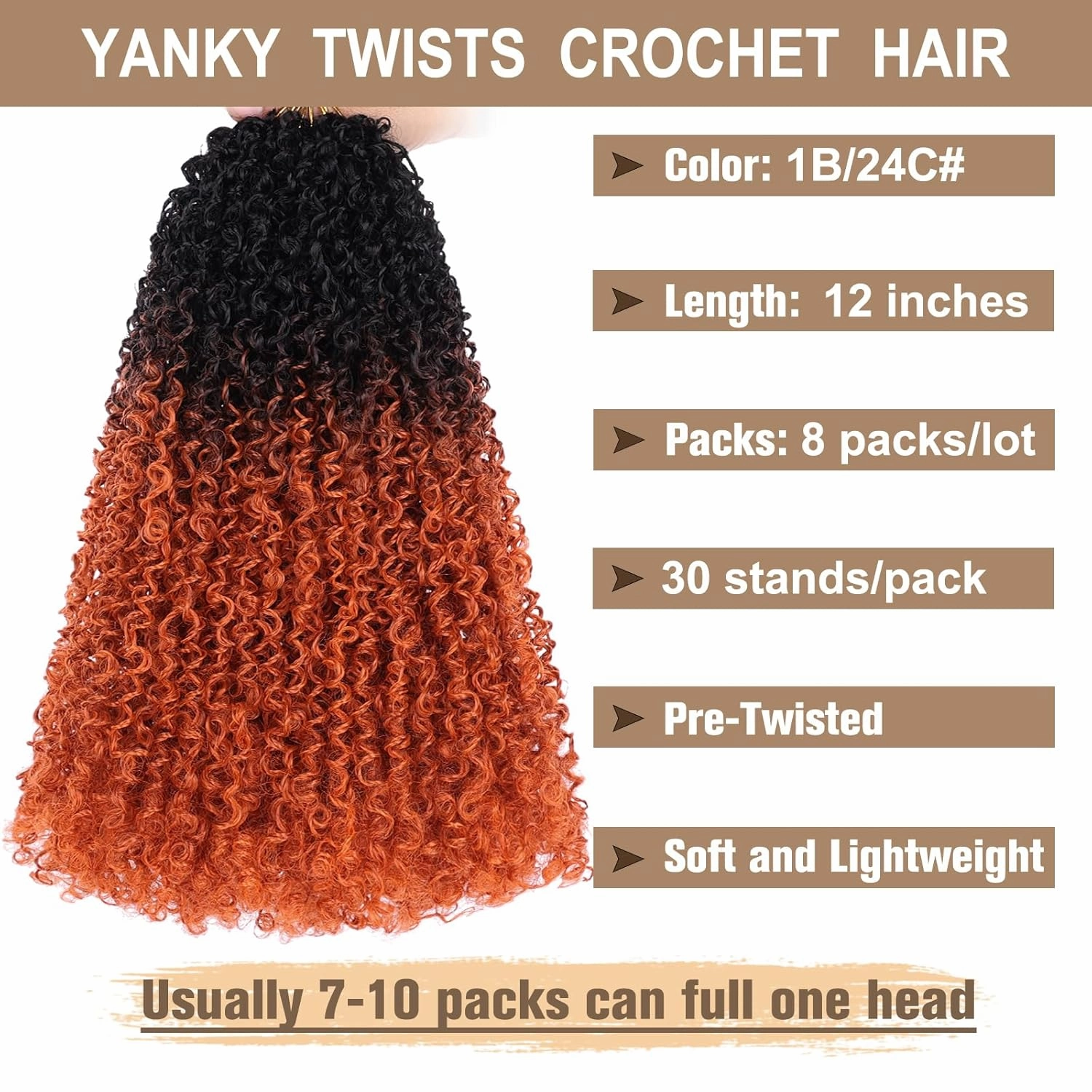 COOKOO 12 Inch Pre Looped Yanky Twist Crochet Hair 8 Packs Yanky Passion Twist Hair Bohemian Yanky Twists Crochet Hair Pre-twisted Fluffy Mini Twist Crochet Hair Curly Crochet Braiding Hair 1B/24C#