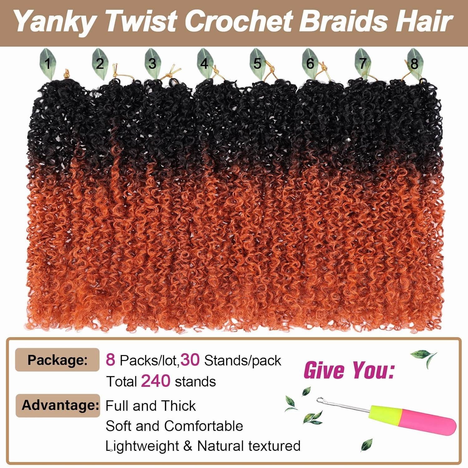 COOKOO 12 Inch Pre Looped Yanky Twist Crochet Hair 8 Packs Yanky Passion Twist Hair Bohemian Yanky Twists Crochet Hair Pre-twisted Fluffy Mini Twist Crochet Hair Curly Crochet Braiding Hair 1B/24C#