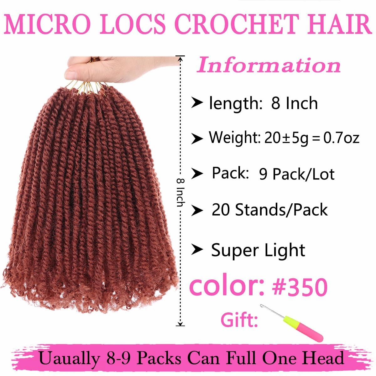 COOKOO 8 Inch Pre-looped Micro Twist Crochet Hair 9 Packs Copper Red Mini Passion Twist Hair Pre-twisted Mini Havana Twist Crochet Hair With Curly Ends Synthetic Crochet Hair Extensions(350#)