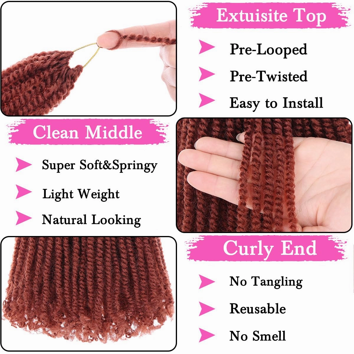 COOKOO 8 Inch Pre-looped Micro Twist Crochet Hair 9 Packs Copper Red Mini Passion Twist Hair Pre-twisted Mini Havana Twist Crochet Hair With Curly Ends Synthetic Crochet Hair Extensions(350#)