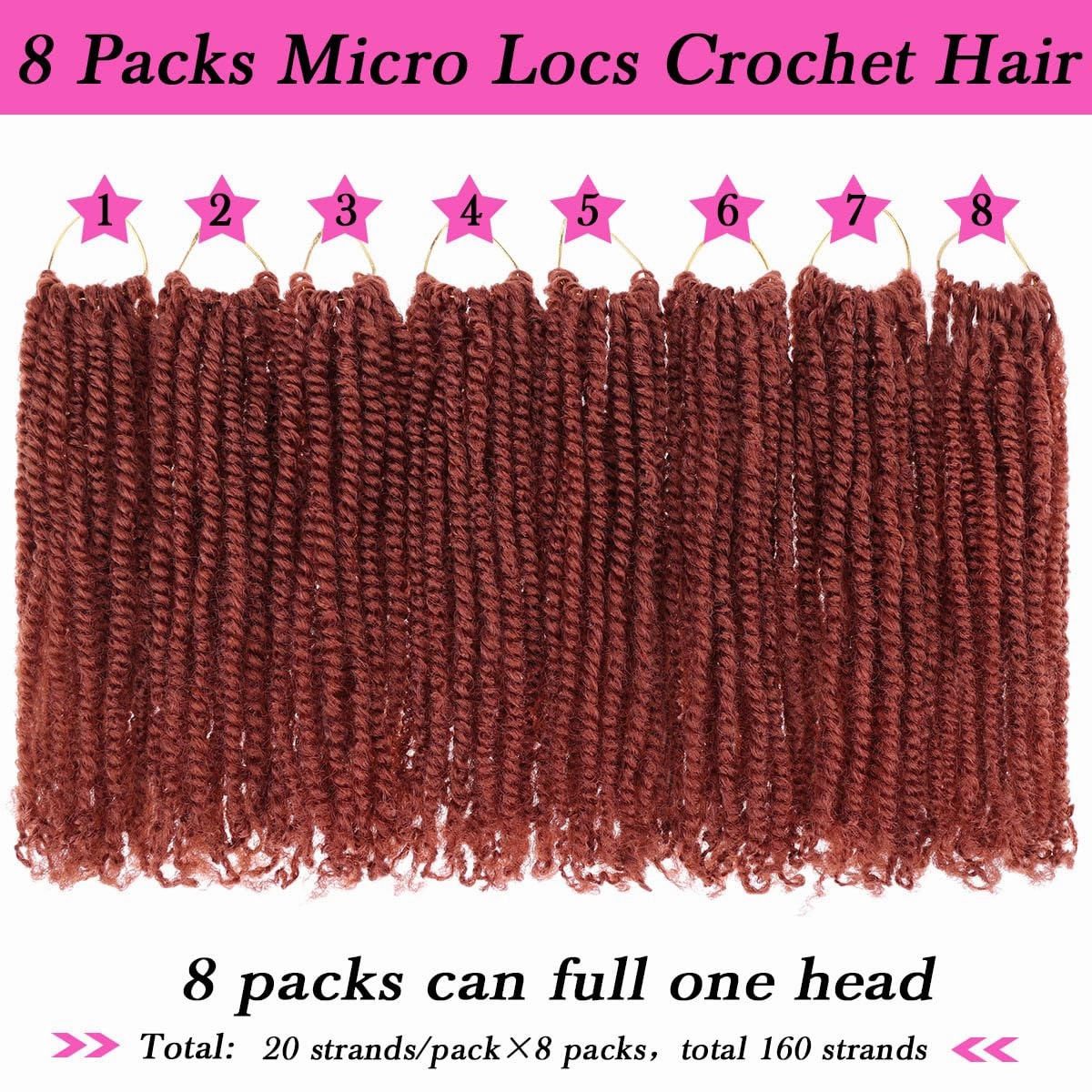 COOKOO 8 Inch Pre-looped Micro Twist Crochet Hair 9 Packs Copper Red Mini Passion Twist Hair Pre-twisted Mini Havana Twist Crochet Hair With Curly Ends Synthetic Crochet Hair Extensions(350#)