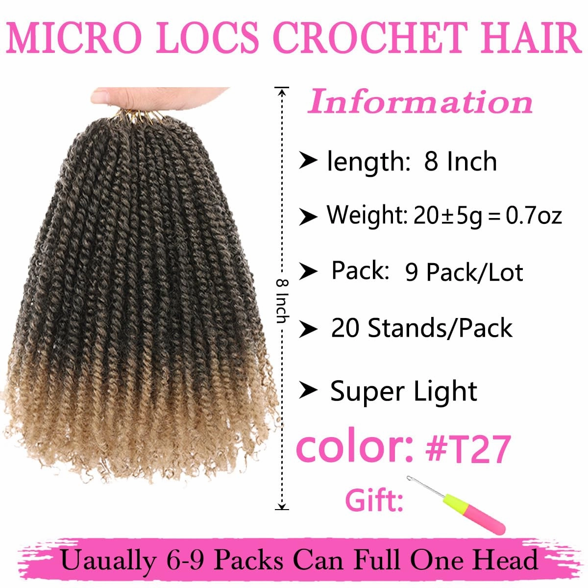 COOKOO 8 Inch Pre-looped Micro Twist Crochet Hair 9 Packs Ombre Blonde Pre-Twisted Mini Passion Twist Hair with Ends Small Curly Twist Crochet Braids Extensions for Black Women(1B/27#)