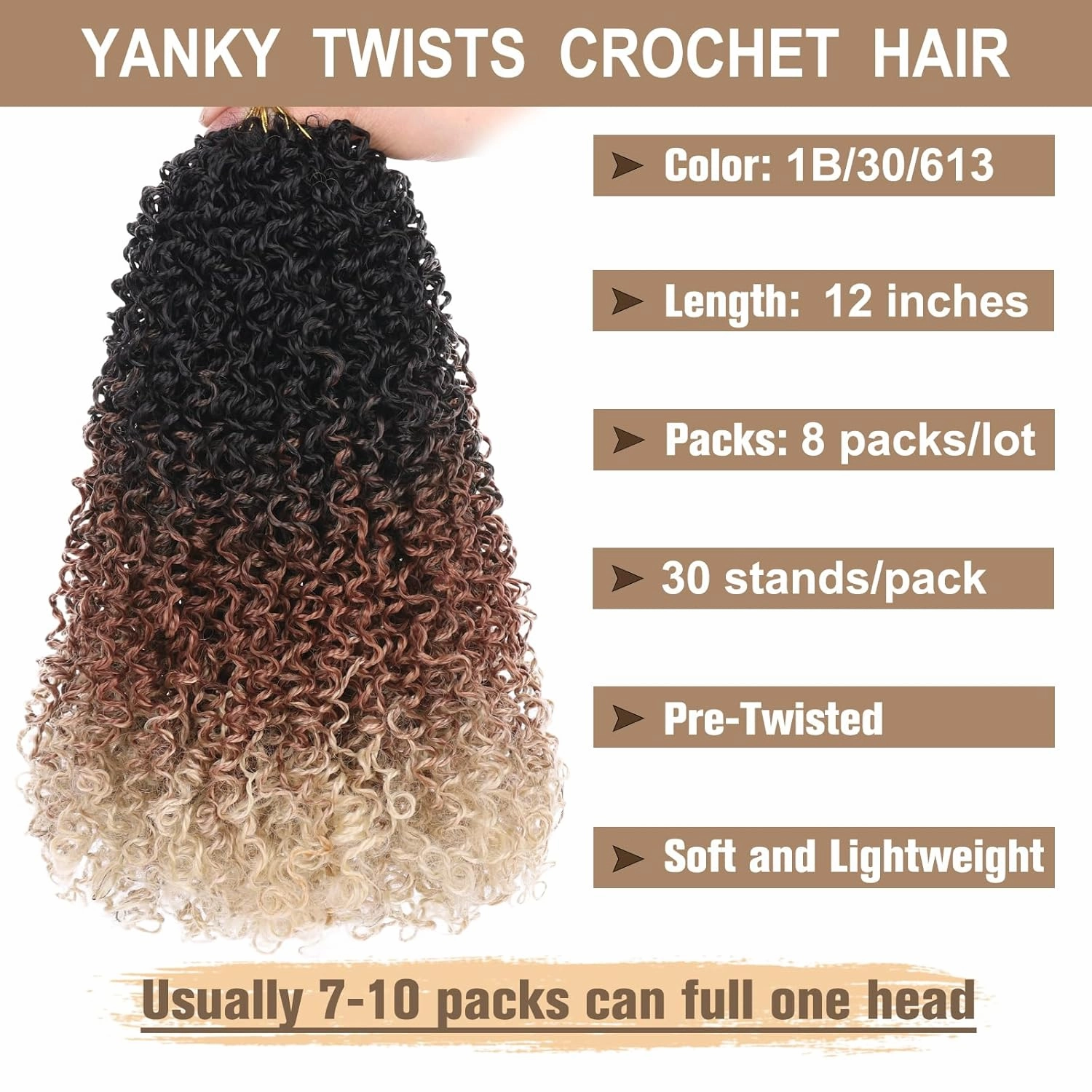 COOKOO 8 PCS 12 Inch Pre-looped Ombre Yanky Twist Crochet Braids Hair for Women Pre Twisted Mini Passion Twists Crochet Hair Bouncy Braiding Hair Kinky Curly Crochet Twist Hair Extensions 1B/30/613#