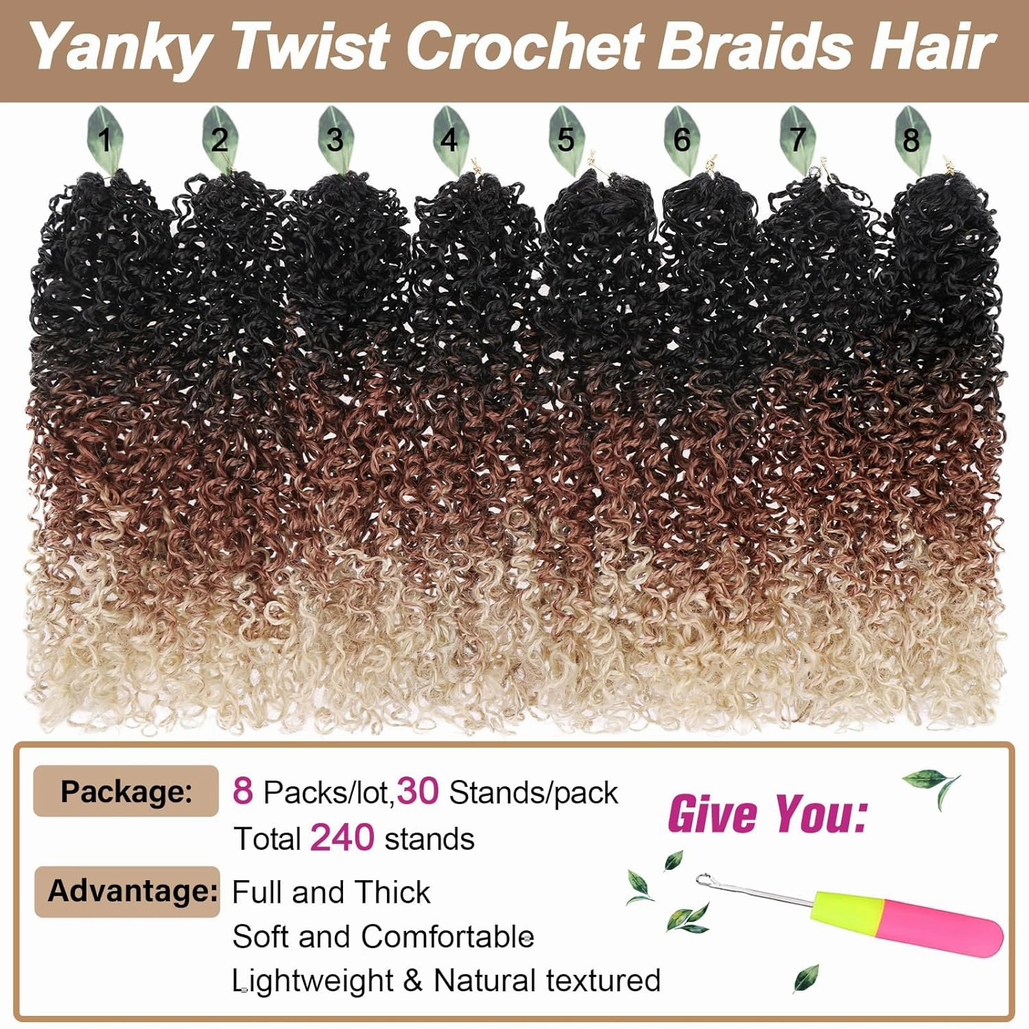 COOKOO 8 PCS 12 Inch Pre-looped Ombre Yanky Twist Crochet Braids Hair for Women Pre Twisted Mini Passion Twists Crochet Hair Bouncy Braiding Hair Kinky Curly Crochet Twist Hair Extensions 1B/30/613#
