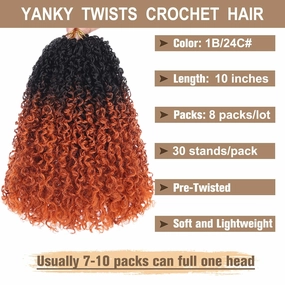 COOKOO Pre-looped Yanky Twist Crochet Hair 10 Inch 8 Packs Bohemian Passion Twist Pre-curled Mini Spring Twist Crochet Hair for Black Women Boho Synthetic Curly Crochet Hair Extentions 1B/24C#