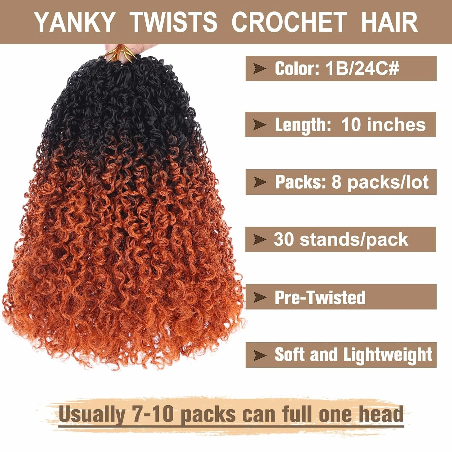 COOKOO Pre-looped Yanky Twist Crochet Hair 10 Inch 8 Packs Bohemian Passion Twist Pre-curled Mini Spring Twist Crochet Hair for Black Women Boho Synthetic Curly Crochet Hair Extentions 1B/24C#