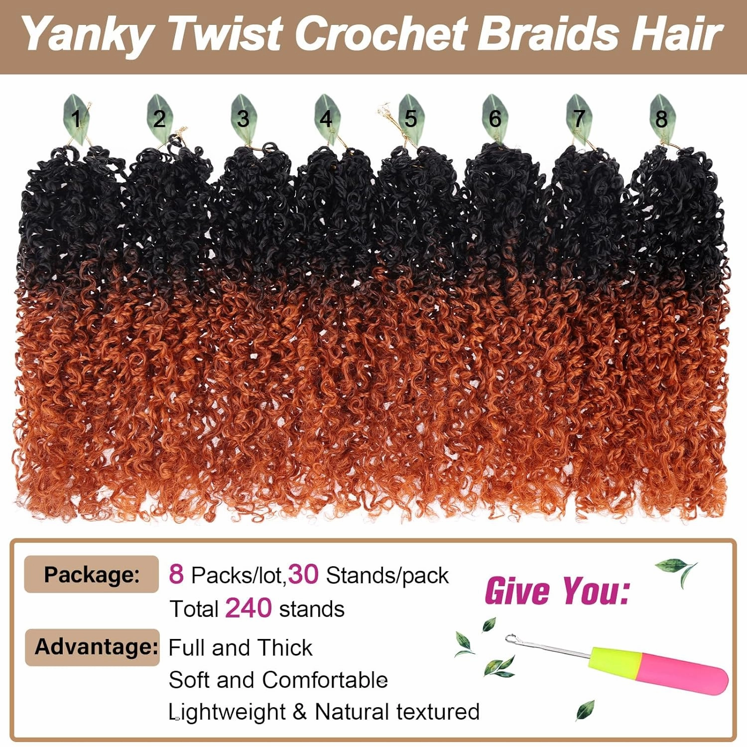 COOKOO Pre-looped Yanky Twist Crochet Hair 10 Inch 8 Packs Bohemian Passion Twist Pre-curled Mini Spring Twist Crochet Hair for Black Women Boho Synthetic Curly Crochet Hair Extentions 1B/24C#