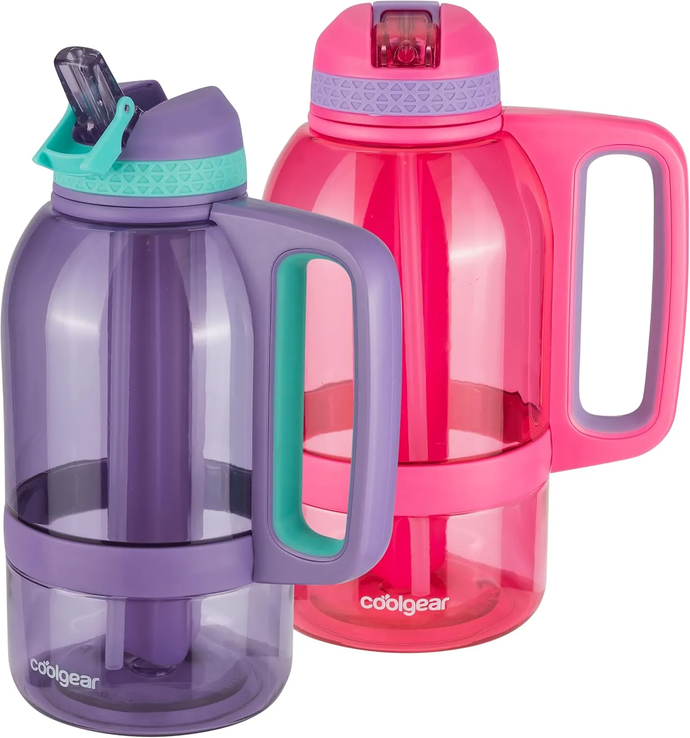 COOL GEAR 2-Pack 64 oz System Sports Water Bottle with Freezer Stick and Handle | Durable, Shatter Resistant Tritan™ Material - Purple/Pink