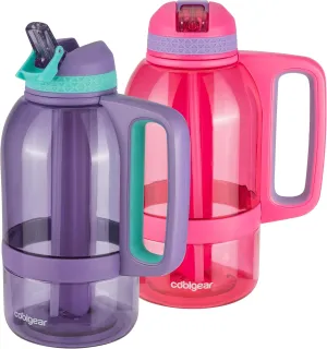 COOL GEAR 2-Pack 64 oz System Sports Water Bottle with Freezer Stick and Handle | Durable, Shatter Resistant Tritan™ Material - Purple/Pink
