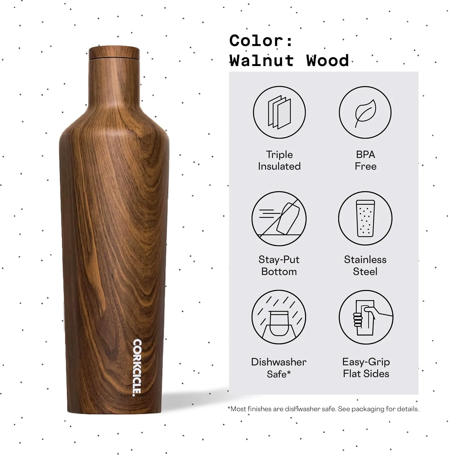 Corkcicle Insulated Canteen, Walnut Wood, 25 oz – Cupholder Friendly Water Bottle with Screw-On Cap Keeps Drinks Cold for 25hrs, Hot 12hrs