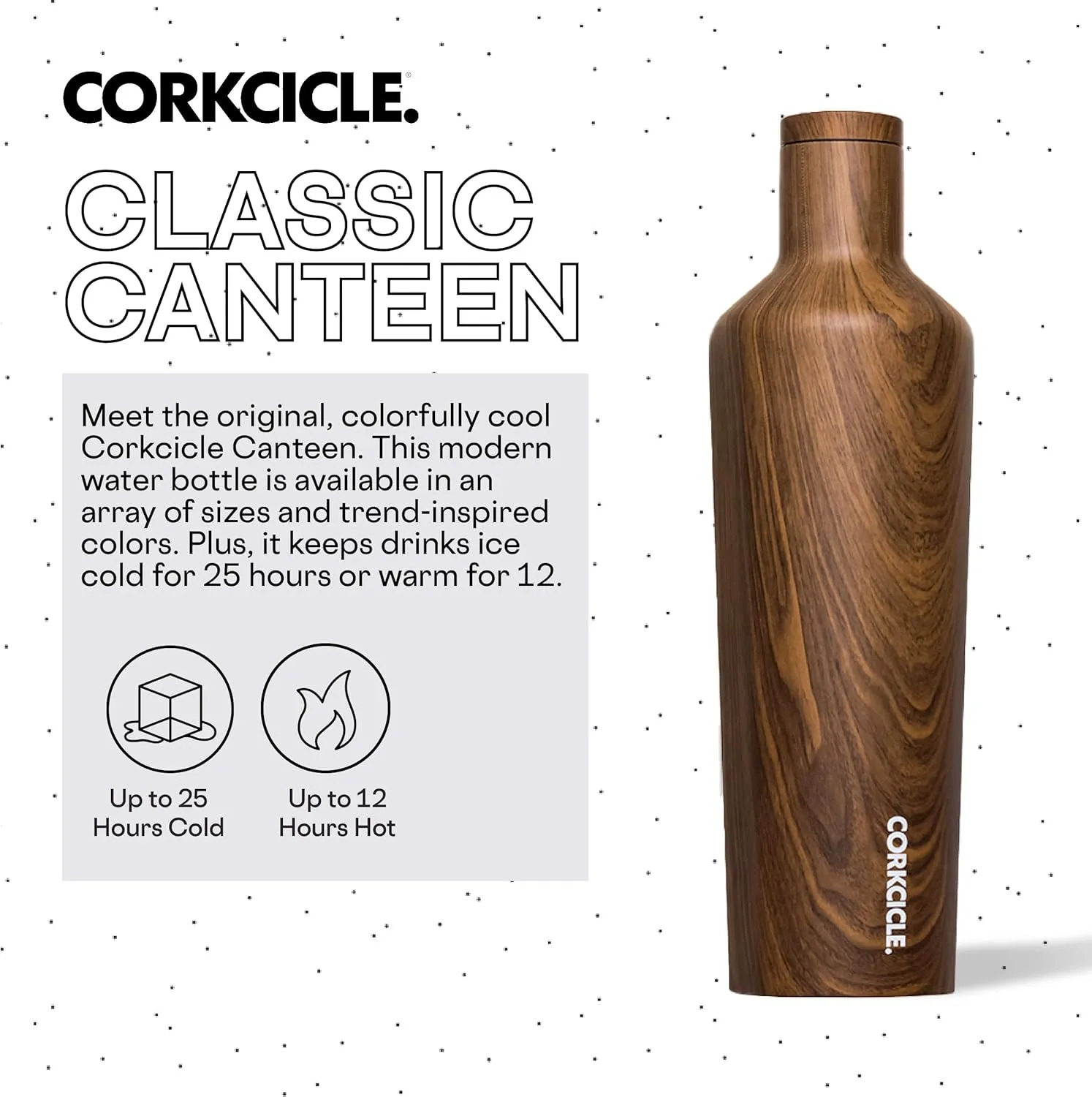 Corkcicle Insulated Canteen, Walnut Wood, 25 oz – Cupholder Friendly Water Bottle with Screw-On Cap Keeps Drinks Cold for 25hrs, Hot 12hrs