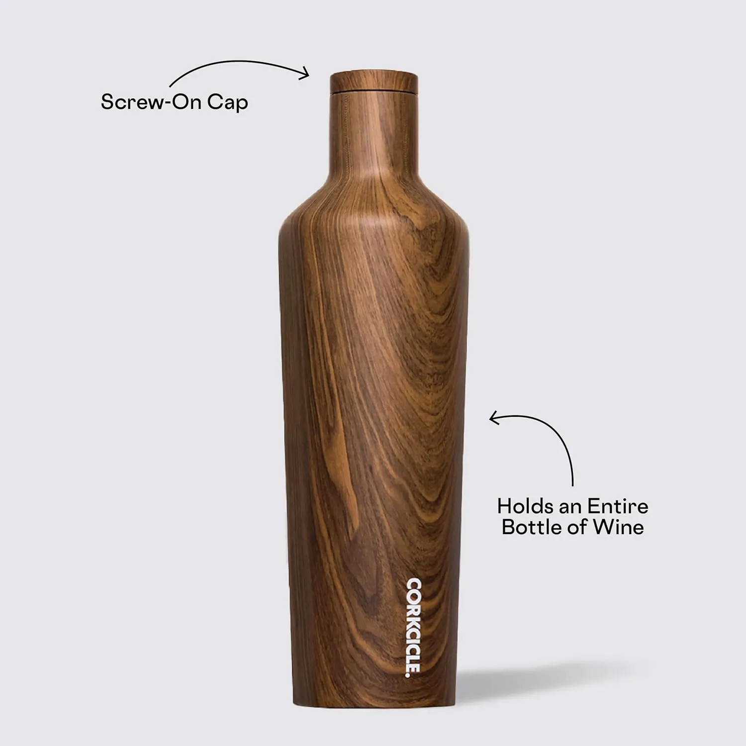 Corkcicle Insulated Canteen, Walnut Wood, 25 oz – Cupholder Friendly Water Bottle with Screw-On Cap Keeps Drinks Cold for 25hrs, Hot 12hrs