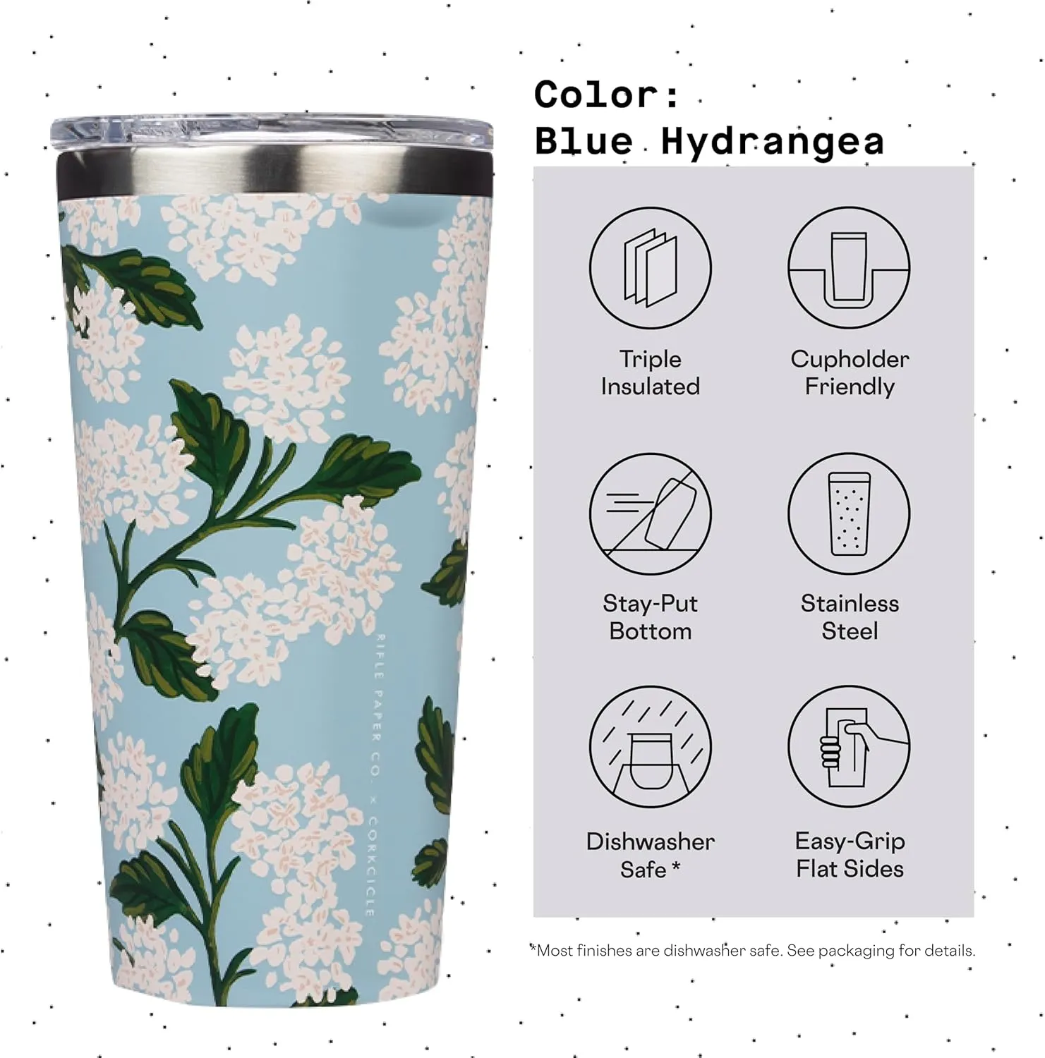 Corkcicle x Rifle Paper Co. Classic Insulated Coffee Mug with Lid, Blue Hydrangea, 16 oz – Stainless Steel Travel Tumbler Keeps Cold 9hrs, Hot 3hrs – Cupholder Friendly Travel Coffee Tumbler