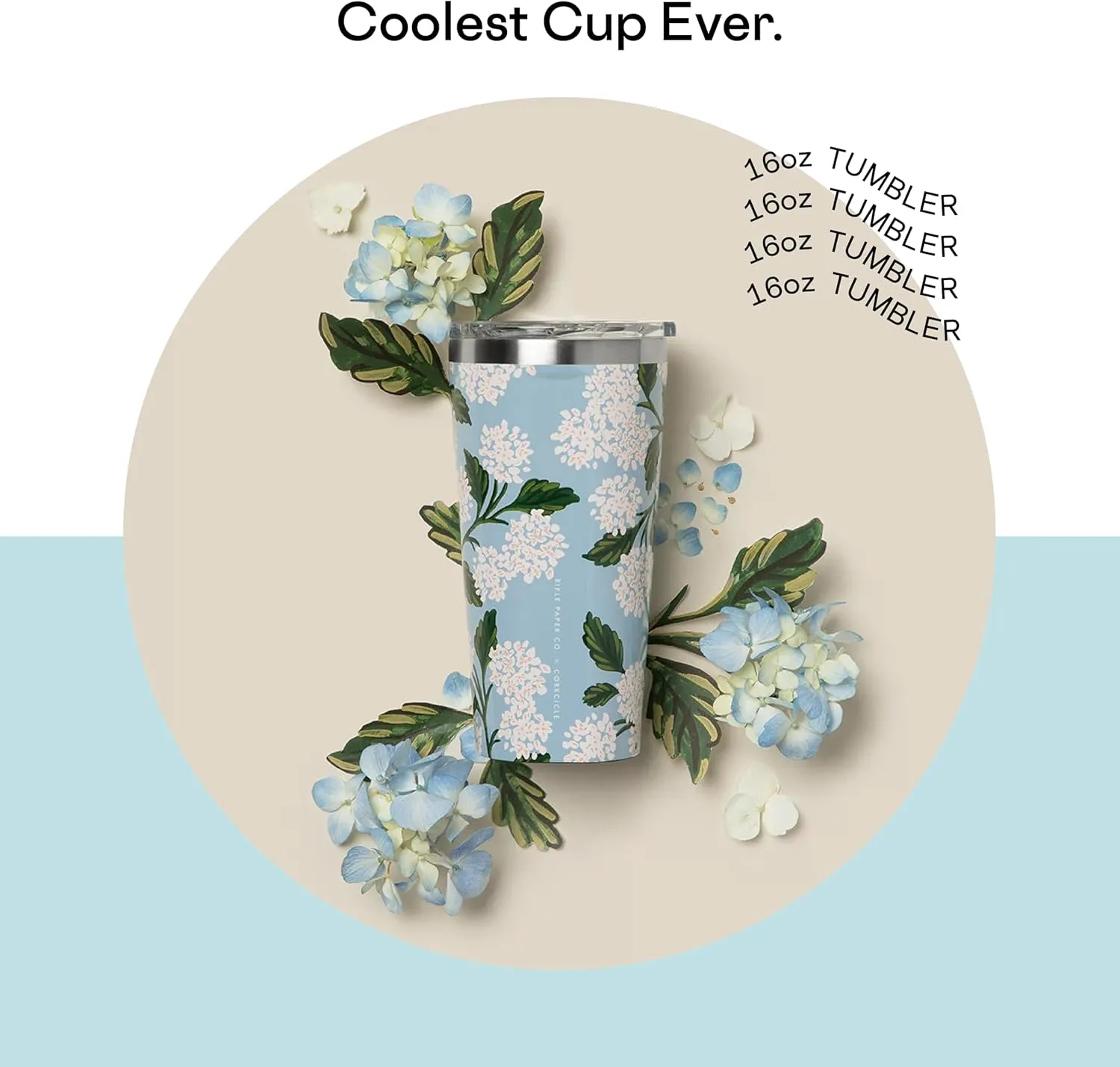 Corkcicle x Rifle Paper Co. Classic Insulated Coffee Mug with Lid, Blue Hydrangea, 16 oz – Stainless Steel Travel Tumbler Keeps Cold 9hrs, Hot 3hrs – Cupholder Friendly Travel Coffee Tumbler