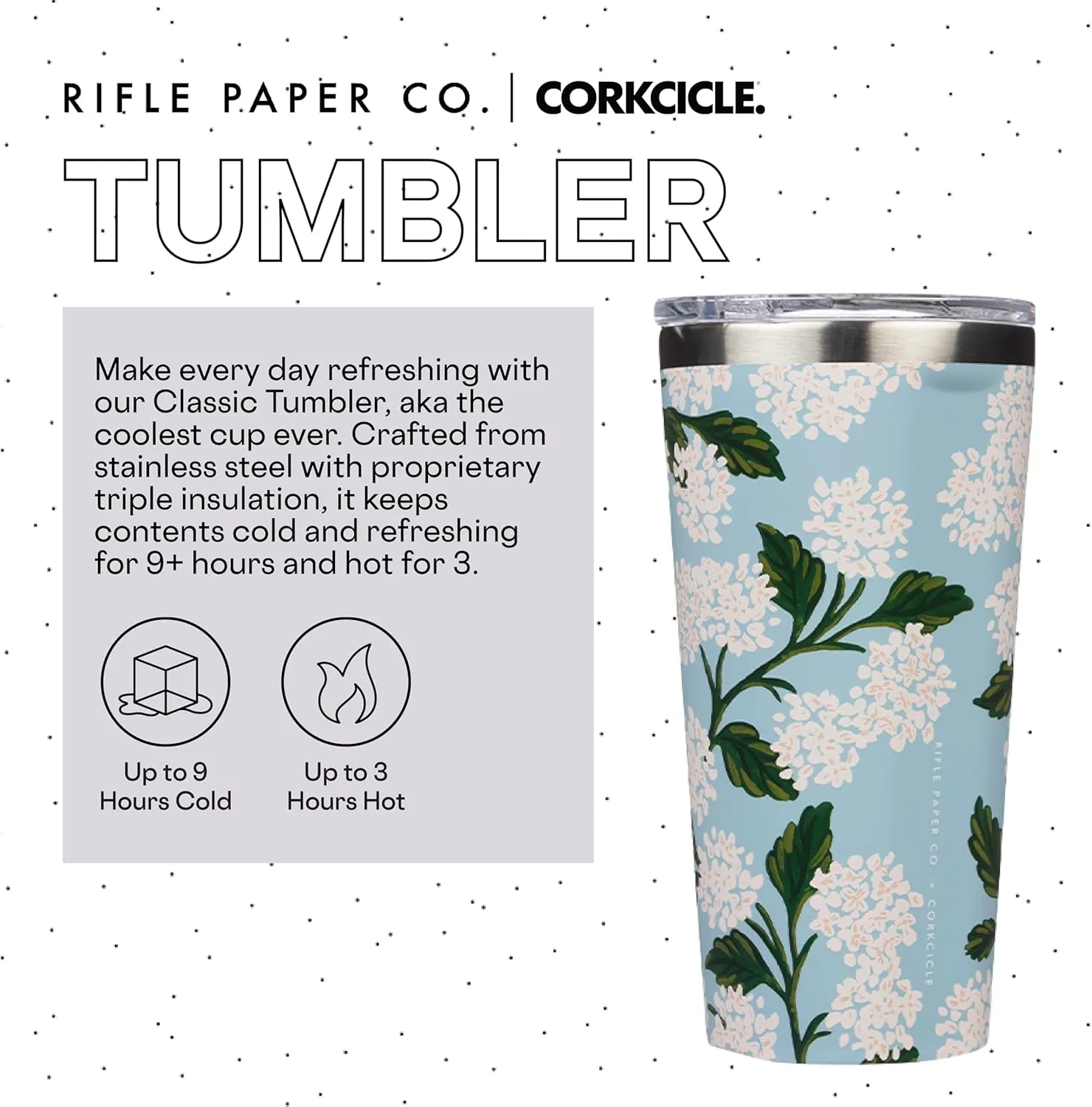 Corkcicle x Rifle Paper Co. Classic Insulated Coffee Mug with Lid, Blue Hydrangea, 16 oz – Stainless Steel Travel Tumbler Keeps Cold 9hrs, Hot 3hrs – Cupholder Friendly Travel Coffee Tumbler