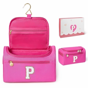 COSHAYSOO Summer Birthday Gifts for Women Her Beach Vacation Gift Ideas Personalized Travel Size Toiletries Organizer, Large Hanging Toiletry Bag Skincare Case Waterproof Traveling Hot Pink Letter P