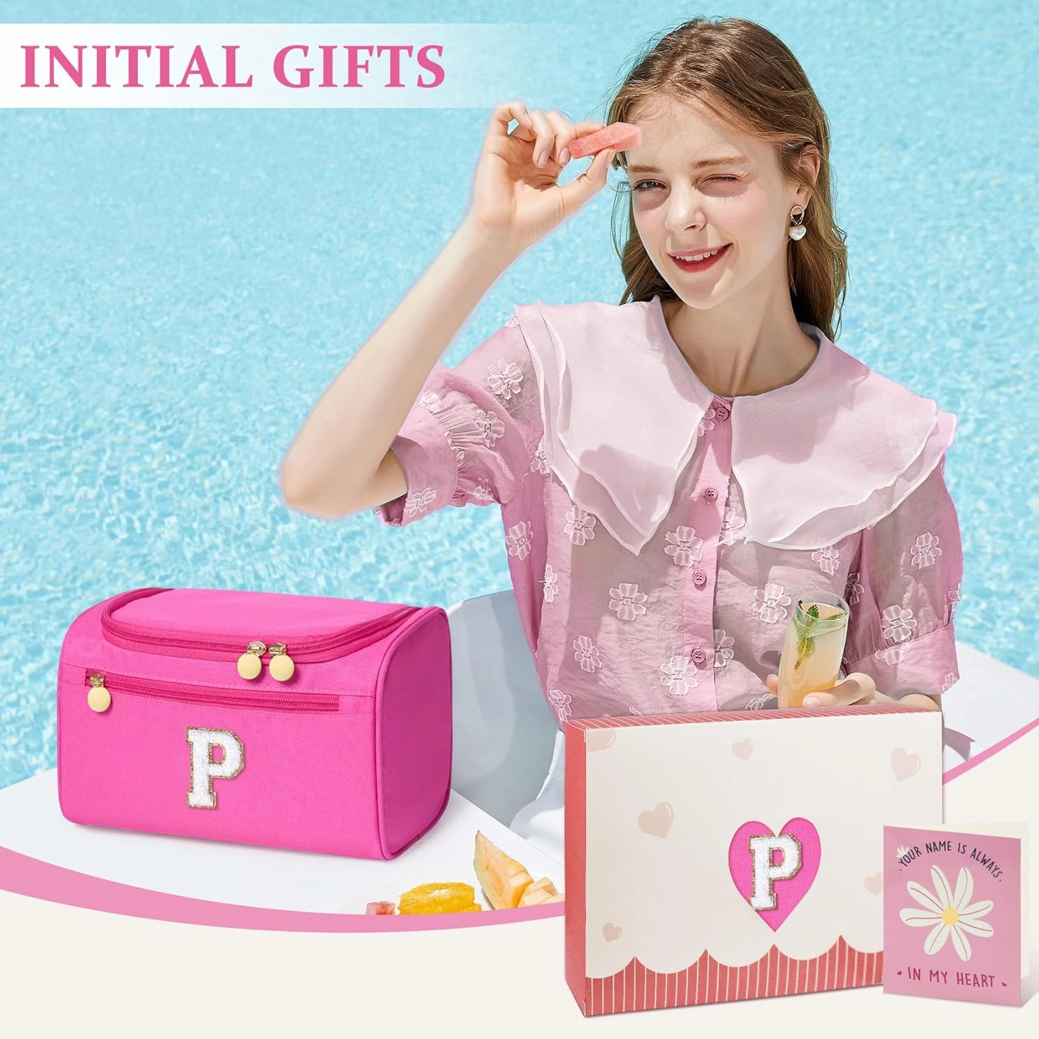 COSHAYSOO Summer Birthday Gifts for Women Her Beach Vacation Gift Ideas Personalized Travel Size Toiletries Organizer, Large Hanging Toiletry Bag Skincare Case Waterproof Traveling Hot Pink Letter P