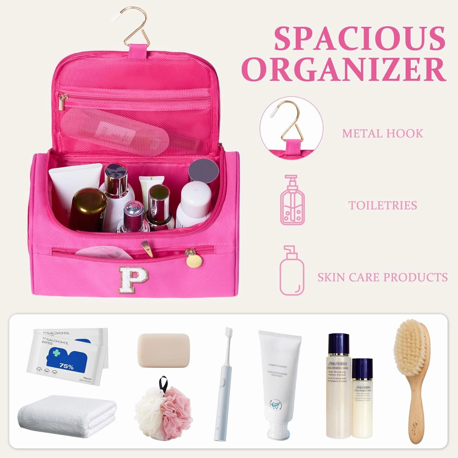 COSHAYSOO Summer Birthday Gifts for Women Her Beach Vacation Gift Ideas Personalized Travel Size Toiletries Organizer, Large Hanging Toiletry Bag Skincare Case Waterproof Traveling Hot Pink Letter P