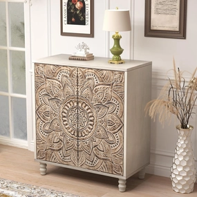 COSIEST 32" W Sideboard Buffet Cabinet with Storage, Accent Cabinet with 2 Push-to-Open Doors, Vintage MDF Buffet Table for Living Room, Kitchen, Hallway (Gray,Lotus Pattern)
