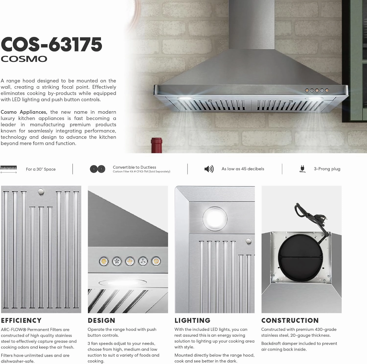COSMO COS-63175 30 in. Vista Collection 380 CFM Ducted Wall Mount Range Hood, Button Controls, LED Lights, Stainless Steel
