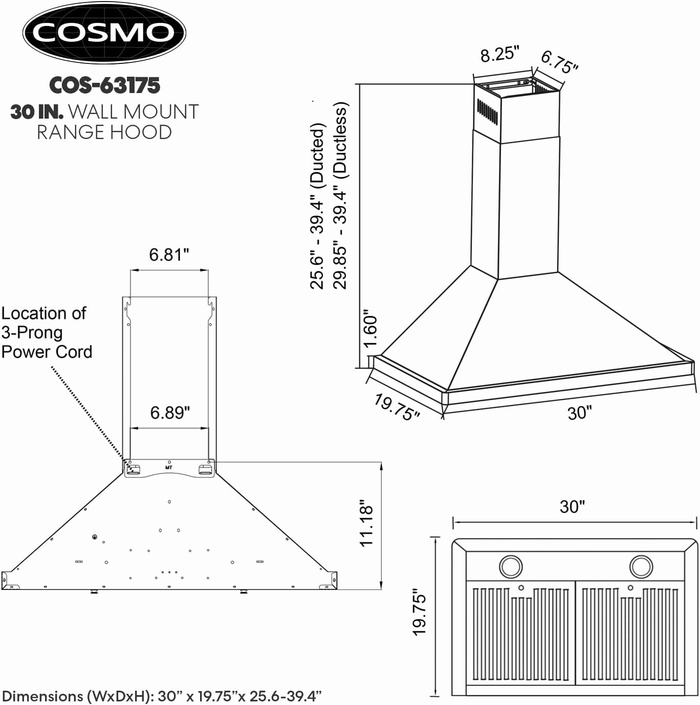 COSMO COS-63175 30 in. Vista Collection 380 CFM Ducted Wall Mount Range Hood, Button Controls, LED Lights, Stainless Steel
