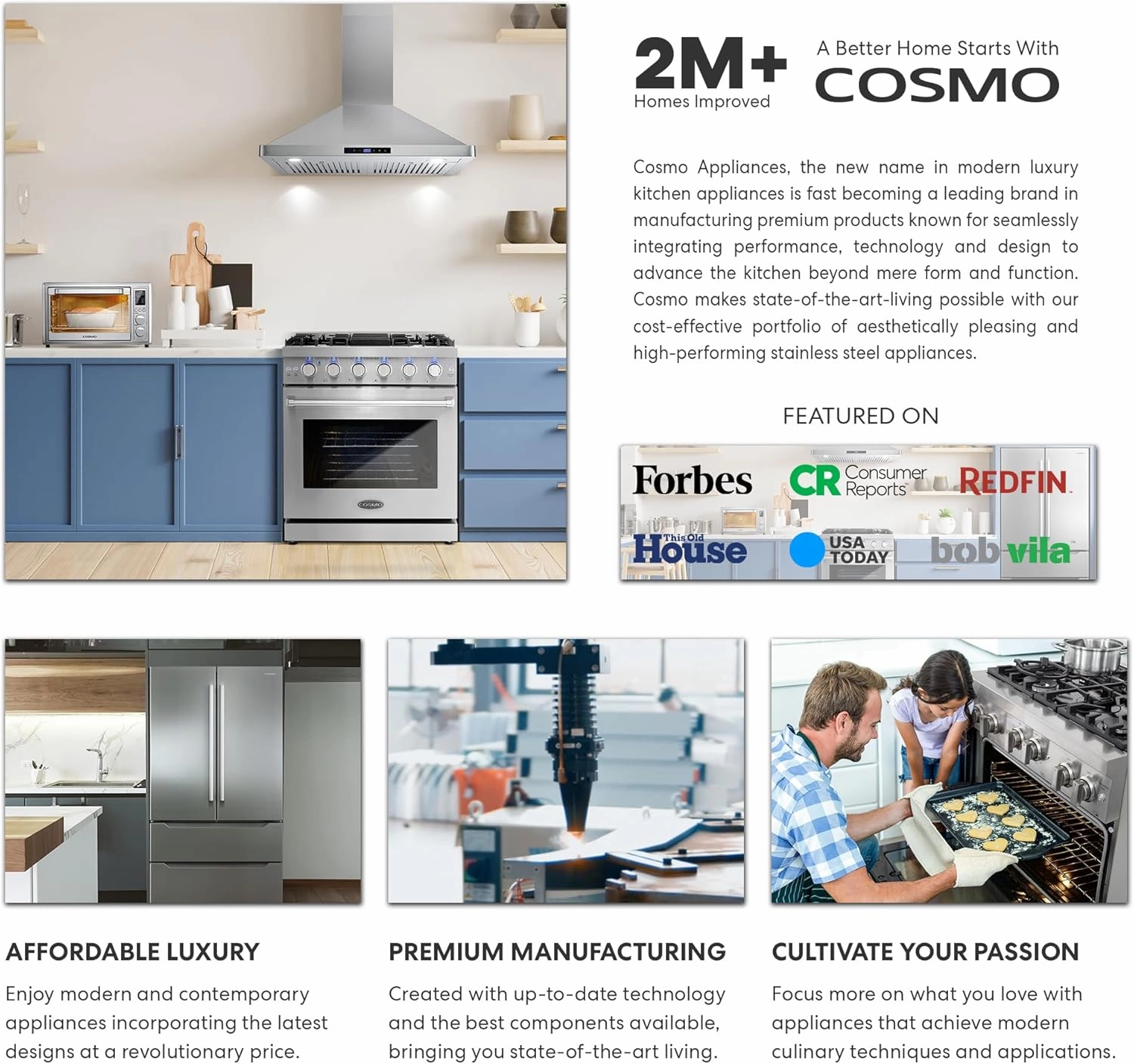 COSMO COS-63175 30 in. Vista Collection 380 CFM Ducted Wall Mount Range Hood, Button Controls, LED Lights, Stainless Steel