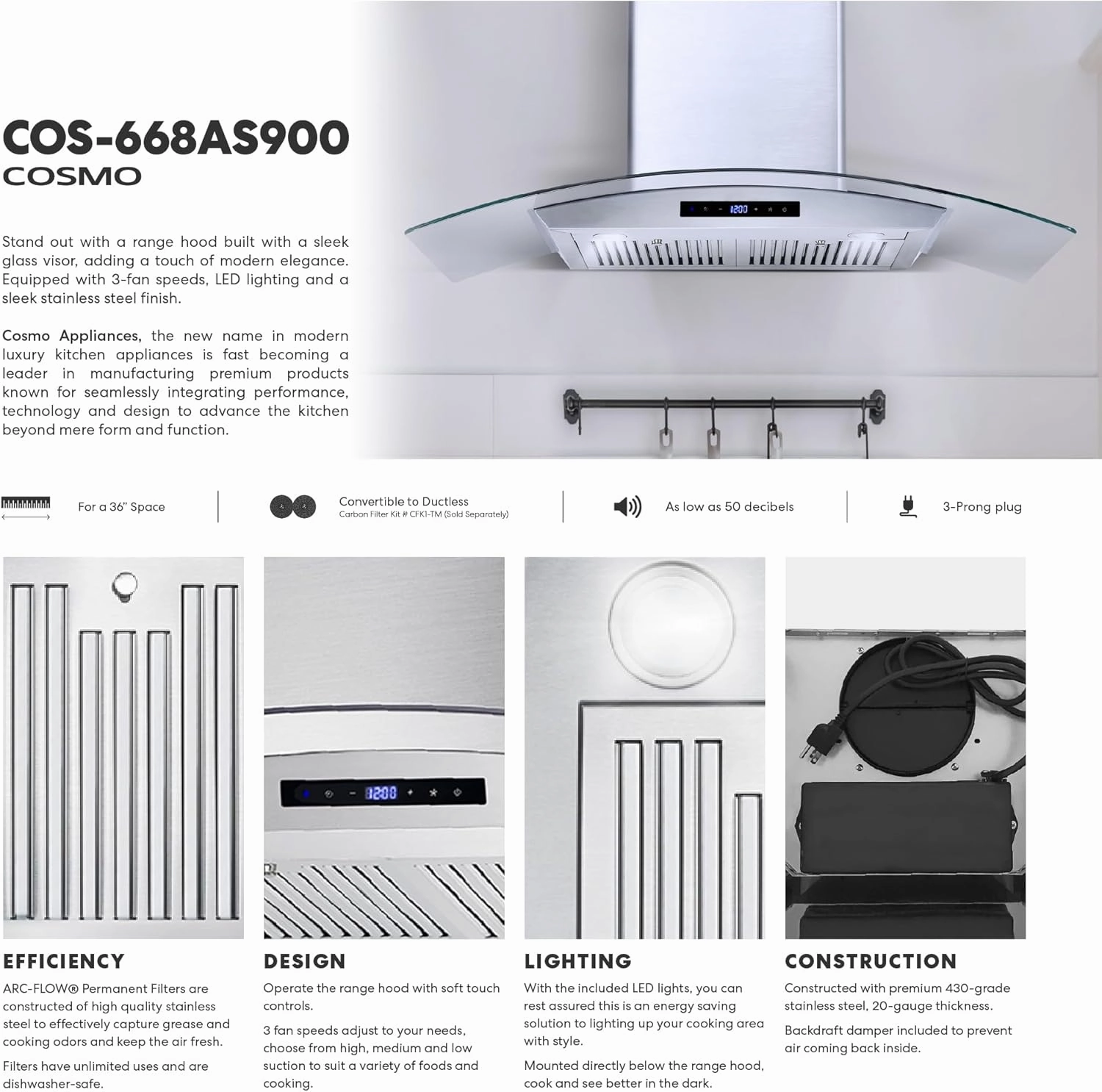 COSMO COS-668AS900 36 in. Vista Collection 380 CFM Ducted Wall Mount Range Hood, Touch Controls, LED Lights, Stainless Steel