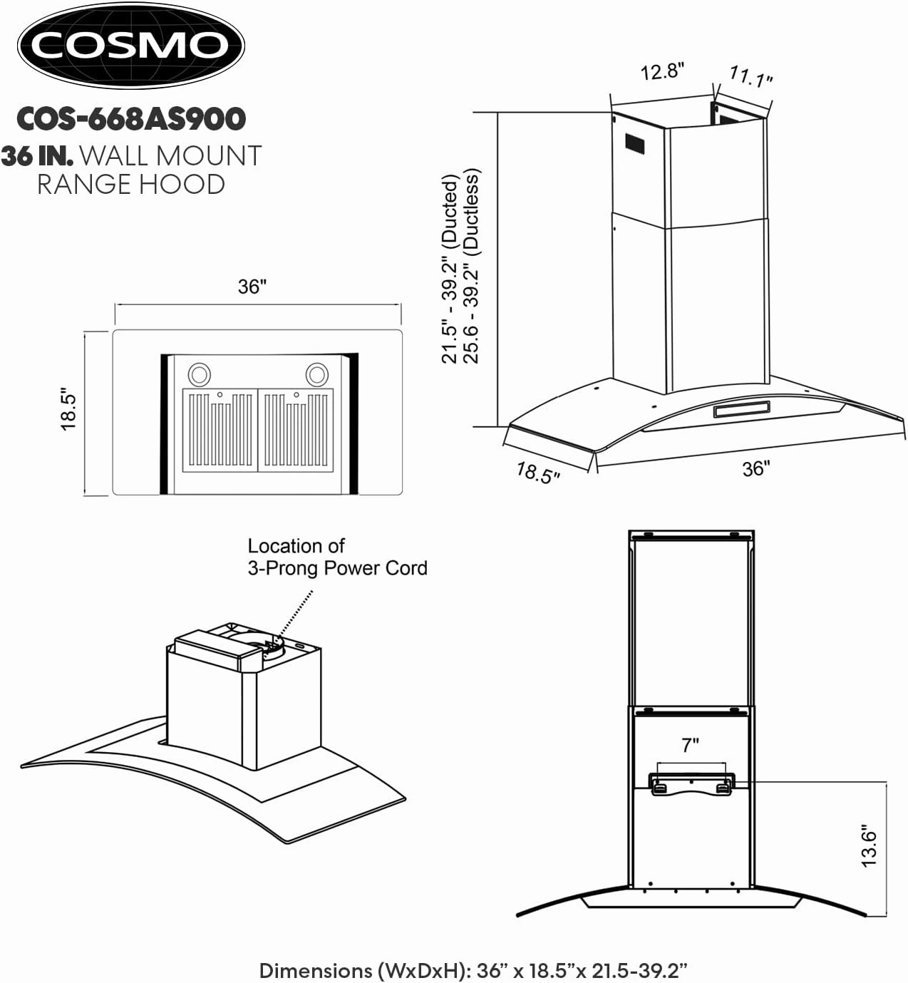 COSMO COS-668AS900 36 in. Vista Collection 380 CFM Ducted Wall Mount Range Hood, Touch Controls, LED Lights, Stainless Steel