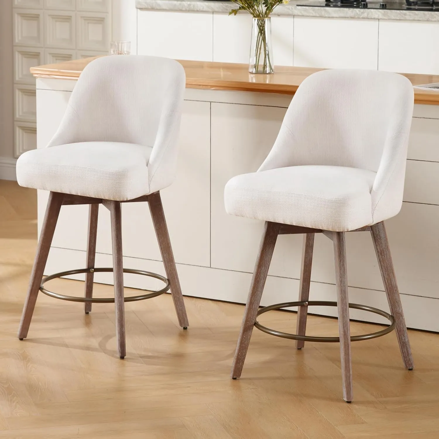 Counter Height Bar Stools Set of 2, Mid-Century Swivel Barstools with Backs and Wood Legs, Linen Fabric Upholstered Bar Chairs, 26" Seat Height Counter Stools for Kitchen Island, Off White