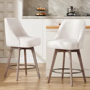 Counter Height Bar Stools Set of 2, Mid-Century Swivel Barstools with Backs and Wood Legs, Linen Fabric Upholstered Bar Chairs, 26" Seat Height Counter Stools for Kitchen Island, Off White