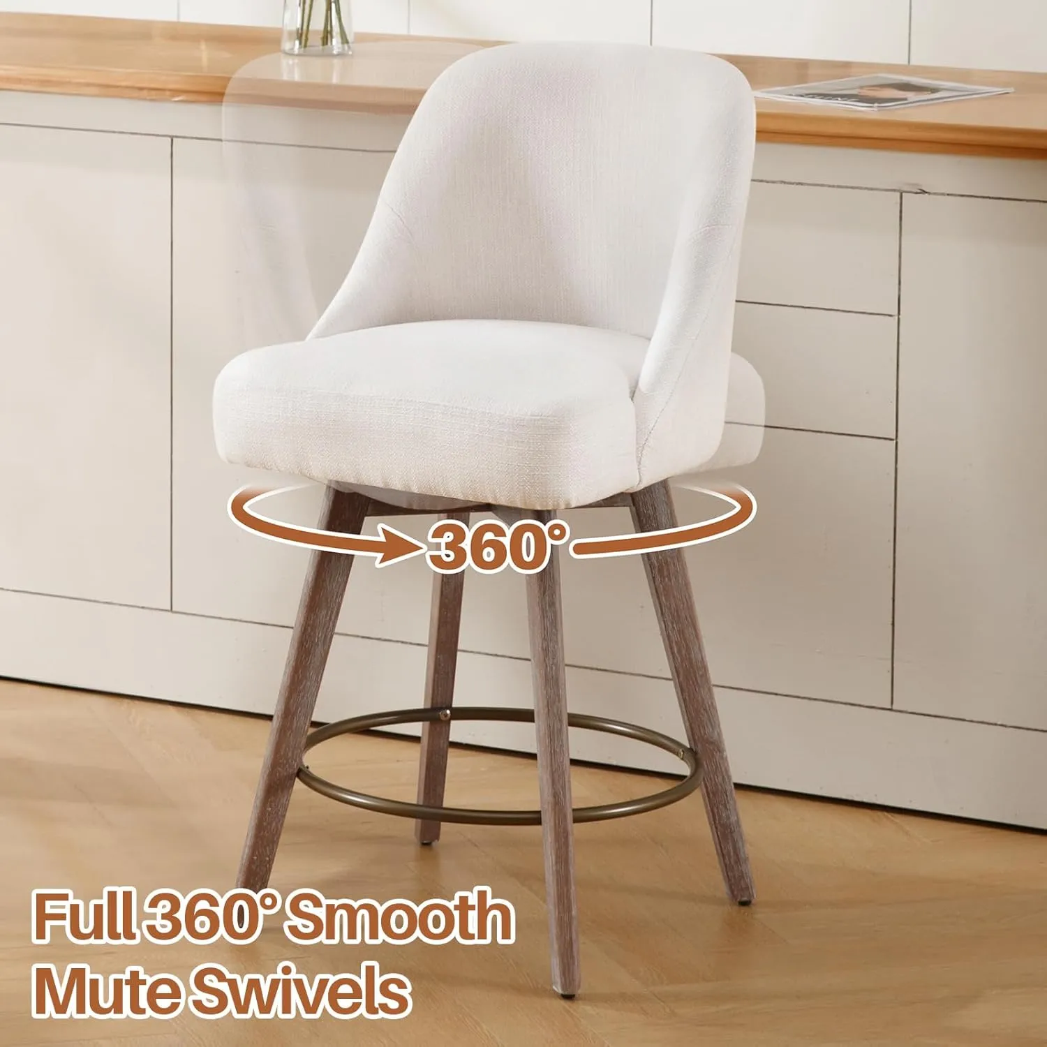 Counter Height Bar Stools Set of 2, Mid-Century Swivel Barstools with Backs and Wood Legs, Linen Fabric Upholstered Bar Chairs, 26" Seat Height Counter Stools for Kitchen Island, Off White