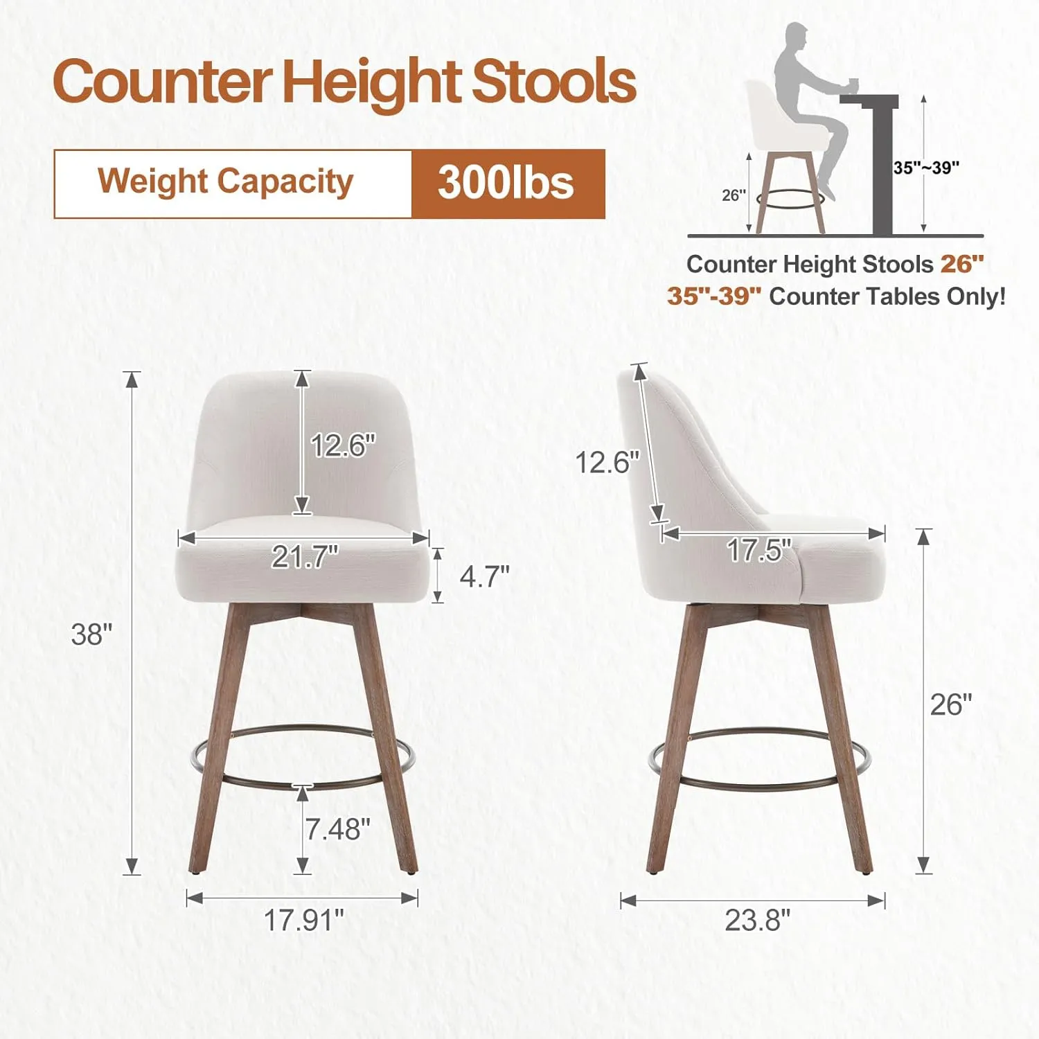 Counter Height Bar Stools Set of 2, Mid-Century Swivel Barstools with Backs and Wood Legs, Linen Fabric Upholstered Bar Chairs, 26" Seat Height Counter Stools for Kitchen Island, Off White