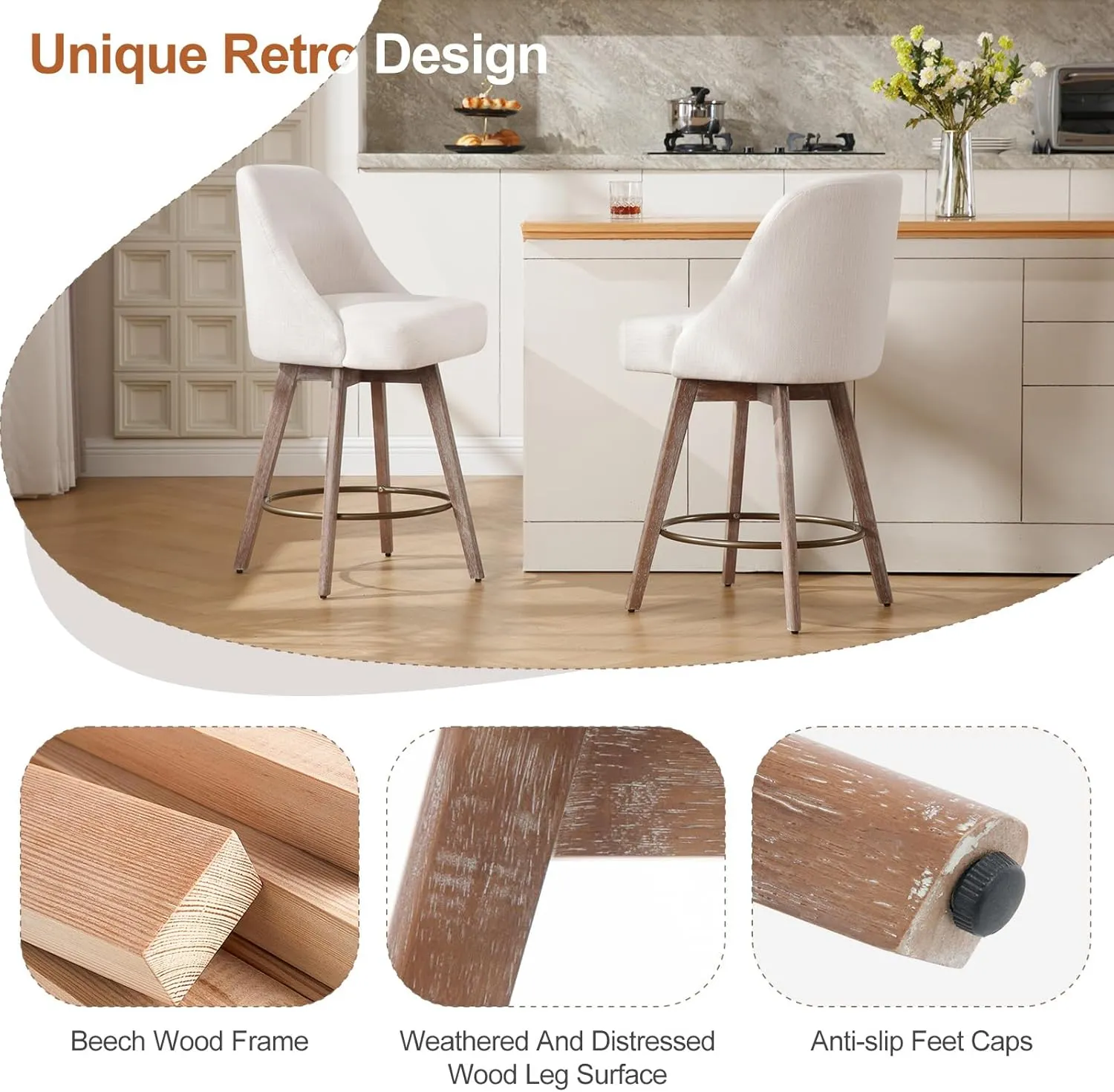 Counter Height Bar Stools Set of 2, Mid-Century Swivel Barstools with Backs and Wood Legs, Linen Fabric Upholstered Bar Chairs, 26" Seat Height Counter Stools for Kitchen Island, Off White