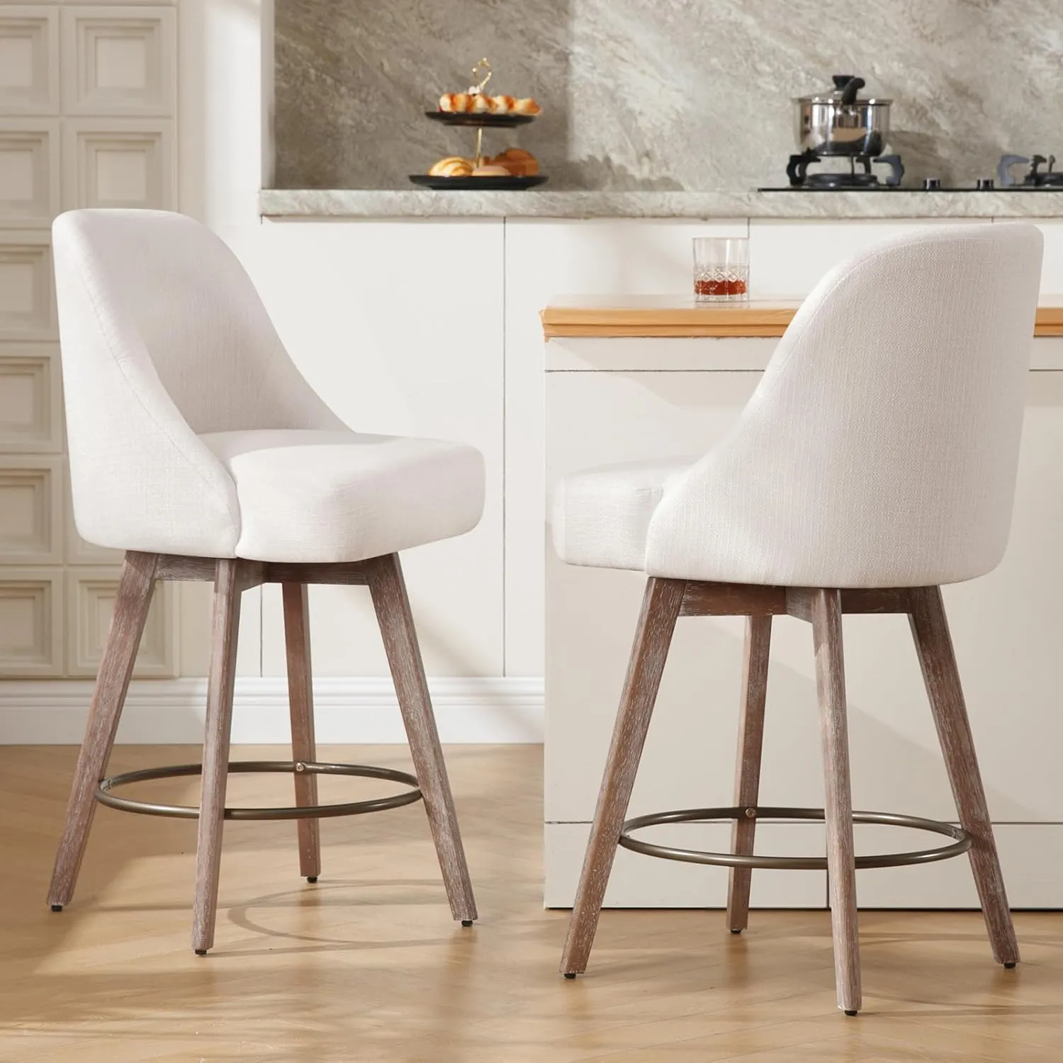 Counter Height Bar Stools Set of 2, Mid-Century Swivel Barstools with Backs and Wood Legs, Linen Fabric Upholstered Bar Chairs, 26" Seat Height Counter Stools for Kitchen Island, Off White
