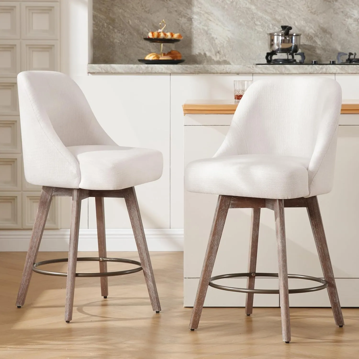 Counter Height Bar Stools Set of 2, Mid-Century Swivel Barstools with Backs and Wood Legs, Linen Fabric Upholstered Bar Chairs, 26" Seat Height Counter Stools for Kitchen Island, Off White
