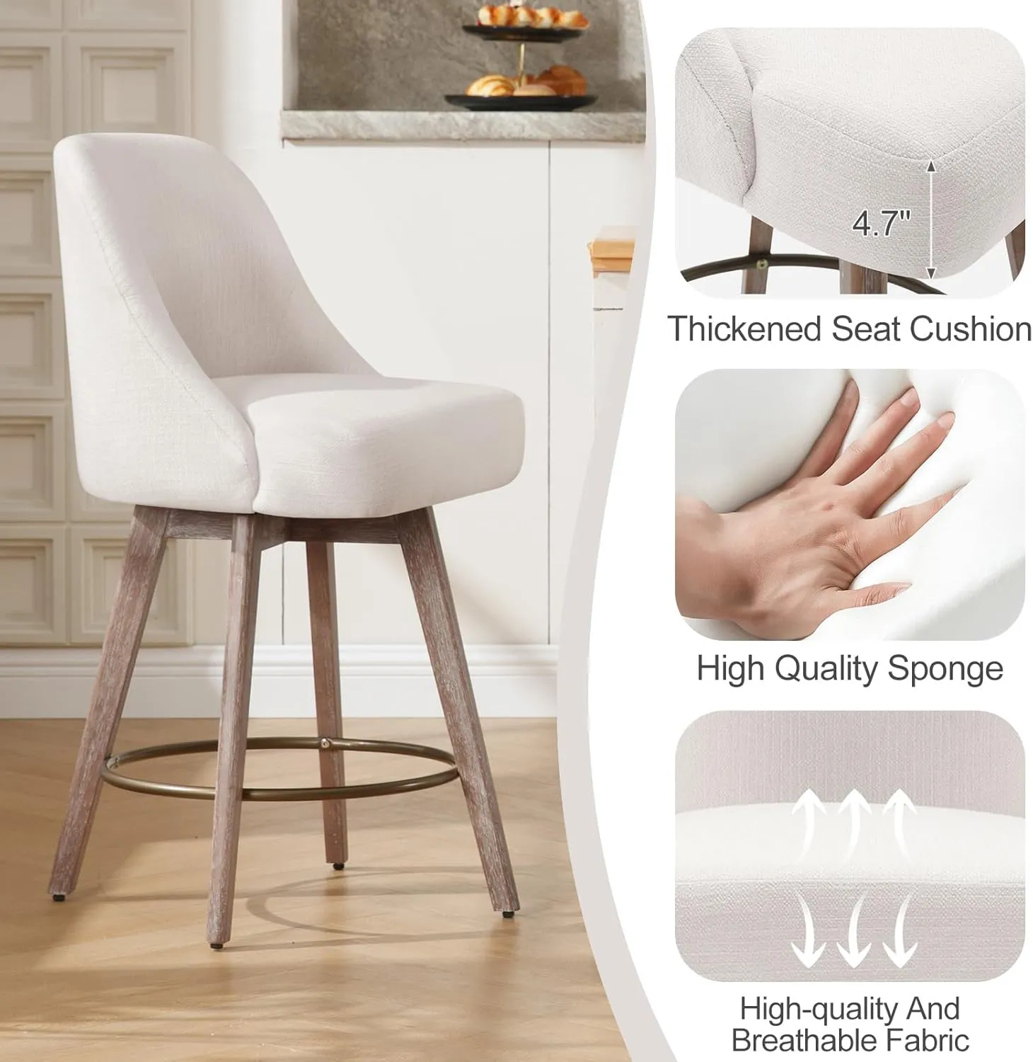 Counter Height Bar Stools Set of 2, Mid-Century Swivel Barstools with Backs and Wood Legs, Linen Fabric Upholstered Bar Chairs, 26" Seat Height Counter Stools for Kitchen Island, Off White