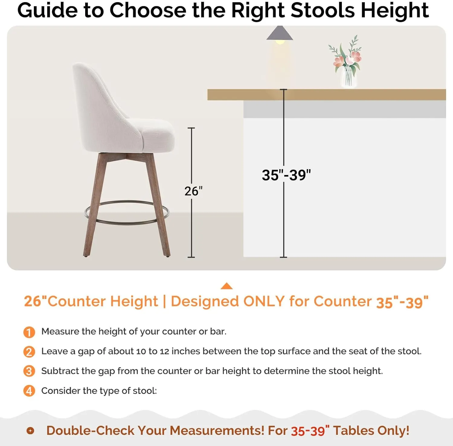 Counter Height Bar Stools Set of 2, Mid-Century Swivel Barstools with Backs and Wood Legs, Linen Fabric Upholstered Bar Chairs, 26" Seat Height Counter Stools for Kitchen Island, Off White