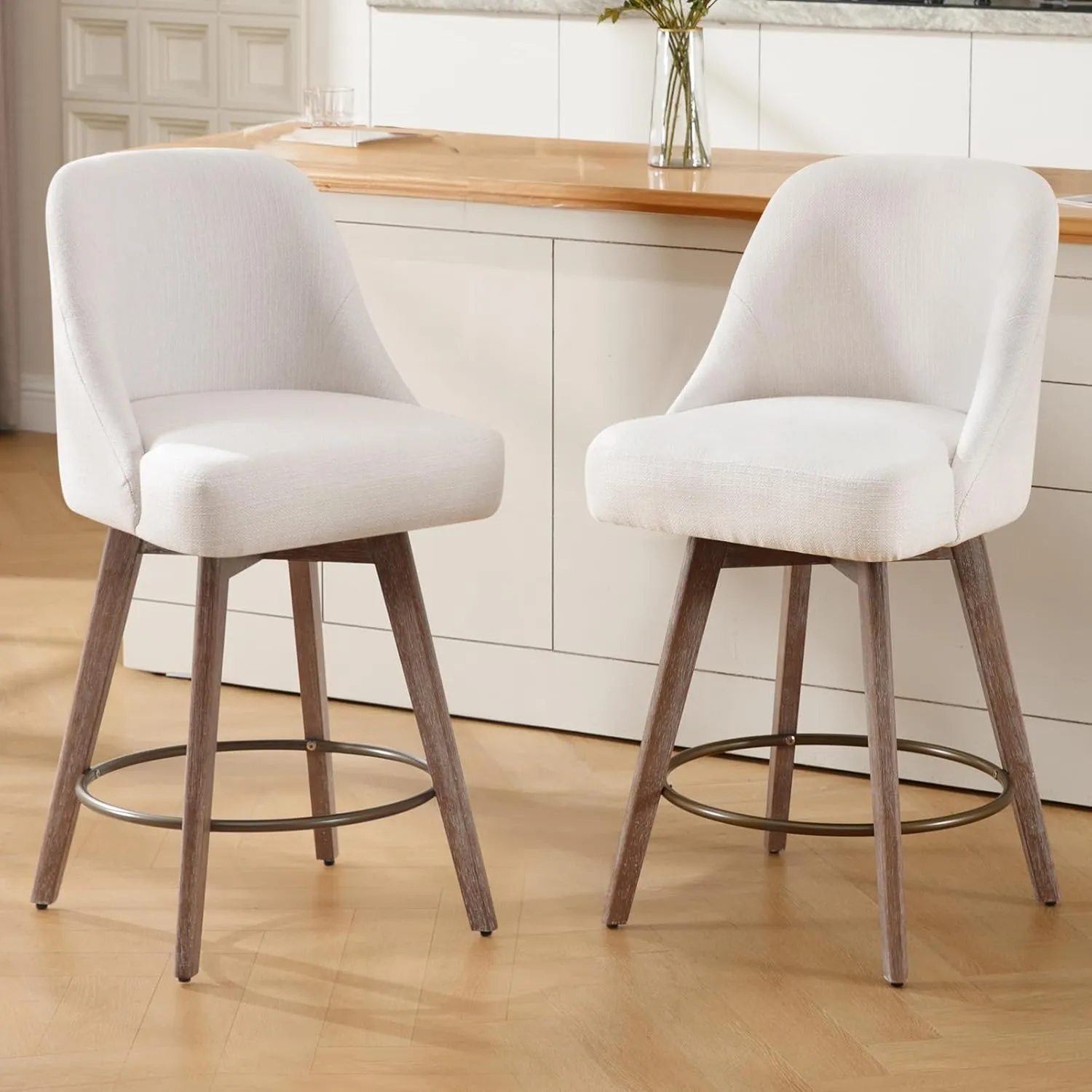 Counter Height Bar Stools Set of 2, Mid-Century Swivel Barstools with Backs and Wood Legs, Linen Fabric Upholstered Bar Chairs, 26" Seat Height Counter Stools for Kitchen Island, Off White