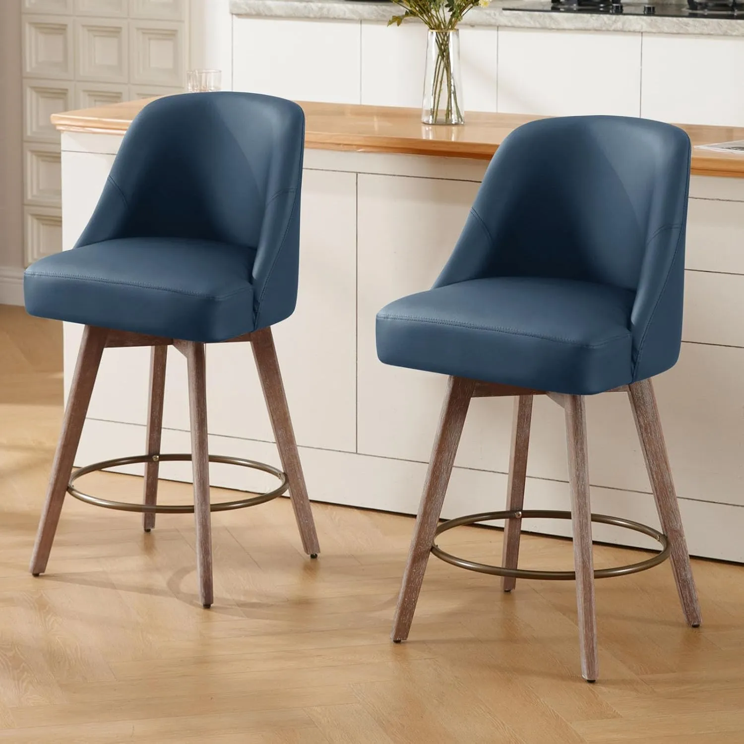 Counter Height Bar Stools Set of 2, Mid-Century Swivel PU Leather Upholstered Barstools with Backs and Beech Wood Legs, 26 Inch Seat Height, Bar Chairs for Kitchen Island, Bar, Pub, Blue