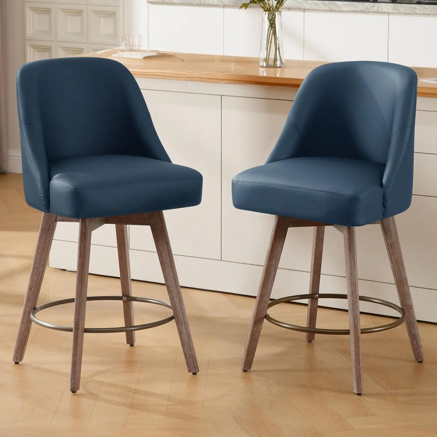 Counter Height Bar Stools Set of 2, Mid-Century Swivel PU Leather Upholstered Barstools with Backs and Beech Wood Legs, 26 Inch Seat Height, Bar Chairs for Kitchen Island, Bar, Pub, Blue