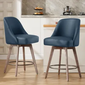 Counter Height Bar Stools Set of 2, Mid-Century Swivel PU Leather Upholstered Barstools with Backs and Beech Wood Legs, 26 Inch Seat Height, Bar Chairs for Kitchen Island, Bar, Pub, Blue