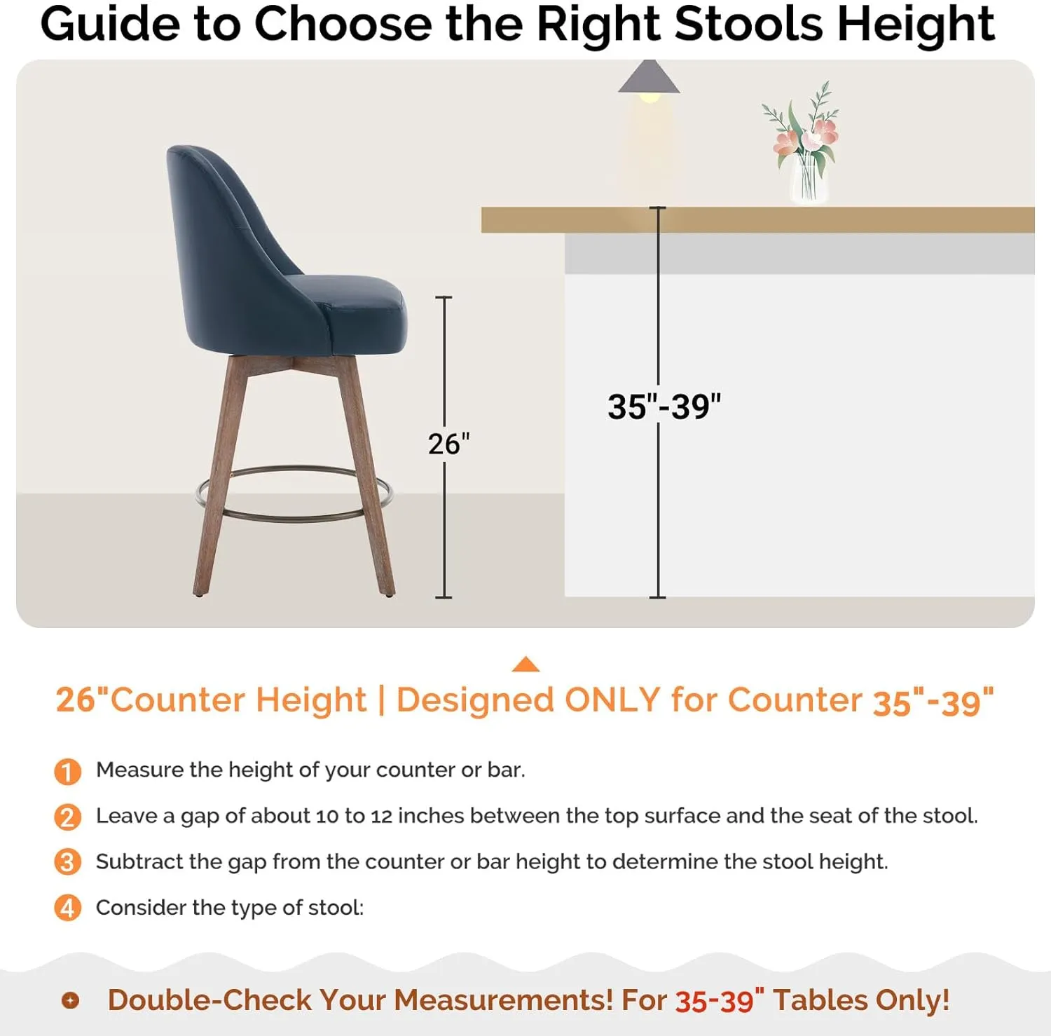 Counter Height Bar Stools Set of 2, Mid-Century Swivel PU Leather Upholstered Barstools with Backs and Beech Wood Legs, 26 Inch Seat Height, Bar Chairs for Kitchen Island, Bar, Pub, Blue